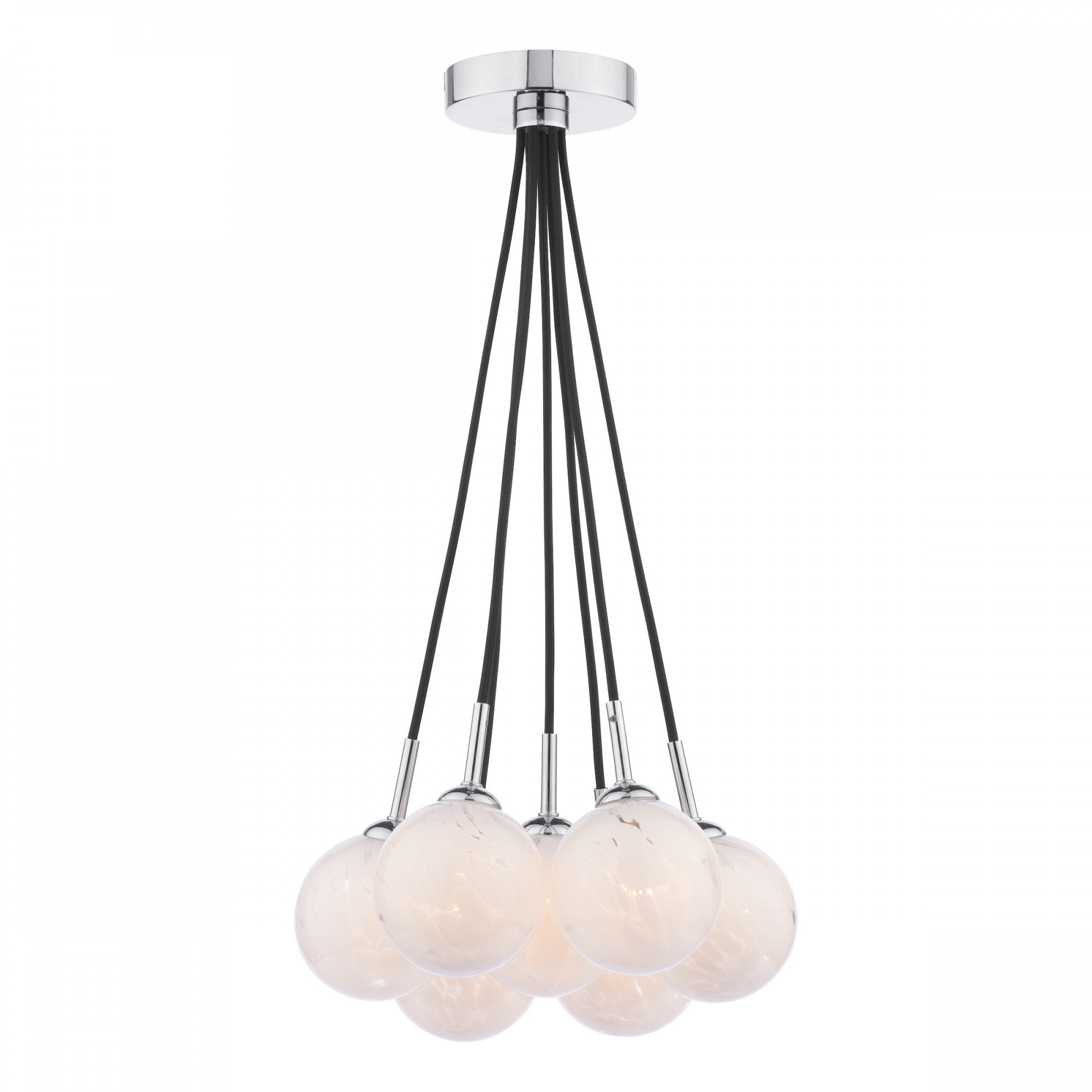 A modern chrome chandelier with seven globe-shaped white glass shades hanging at various lengths.