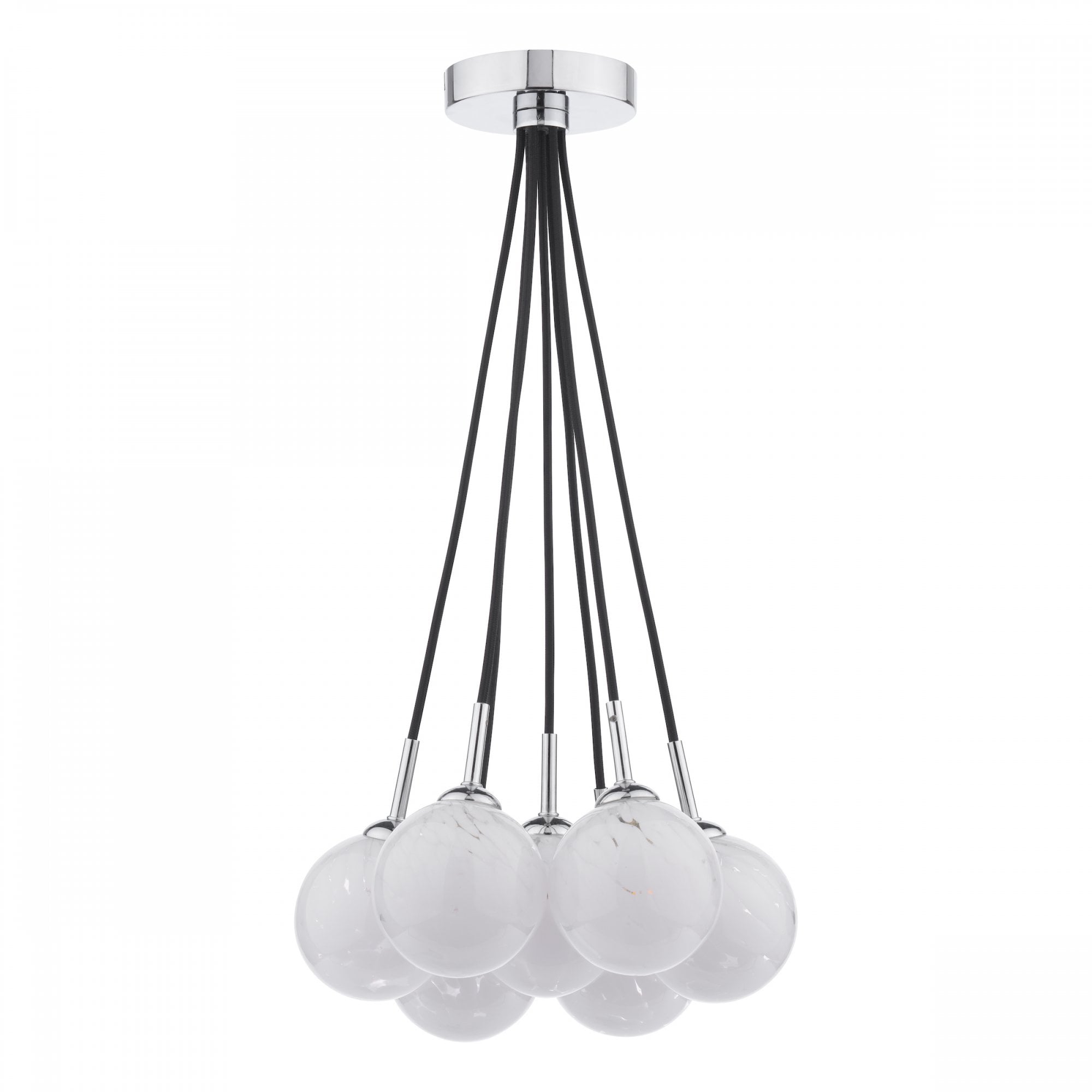 A contemporary chrome chandelier featuring seven round white glass lights suspended by black cords.