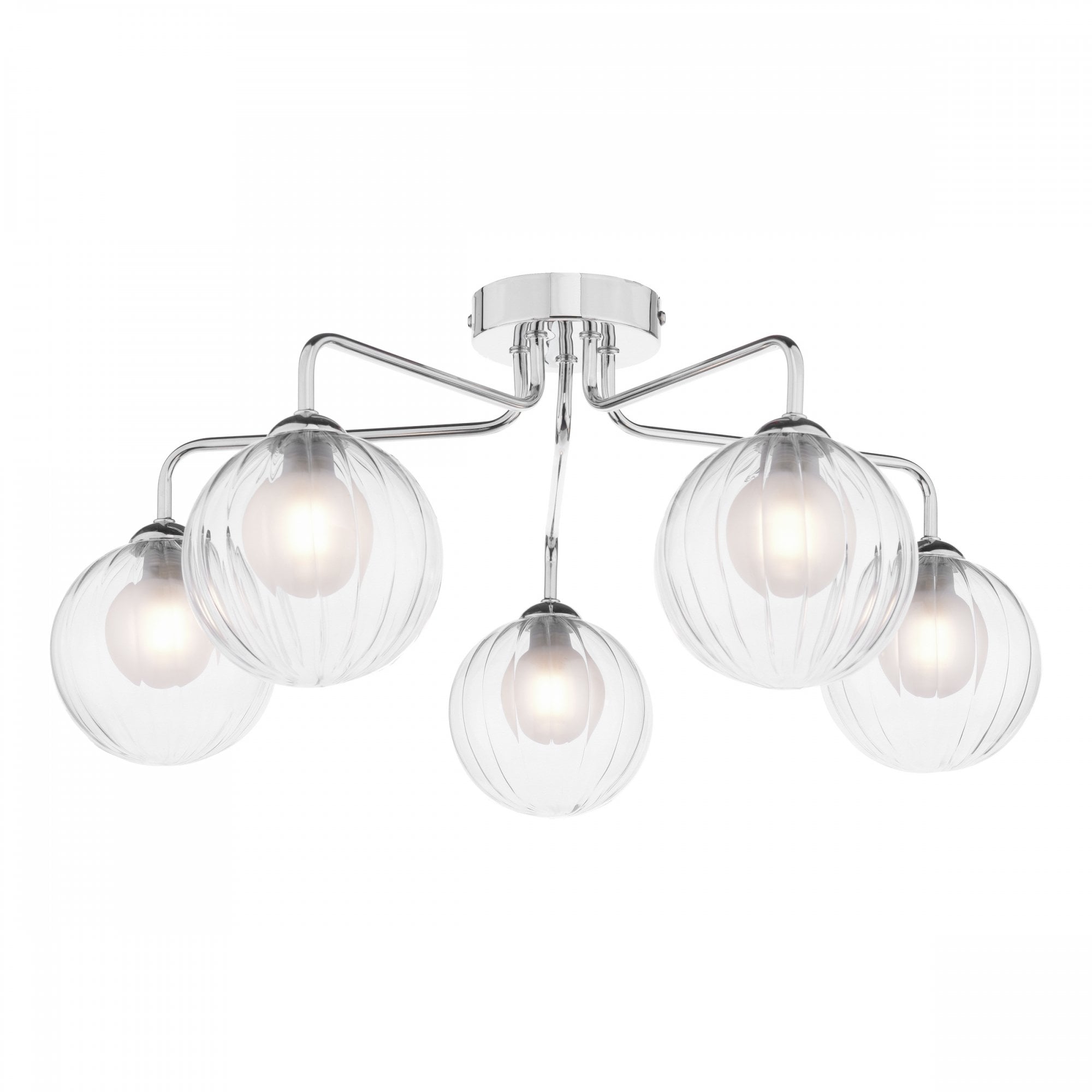 A modern chrome ceiling light with five clear, ribbed glass globe shades.