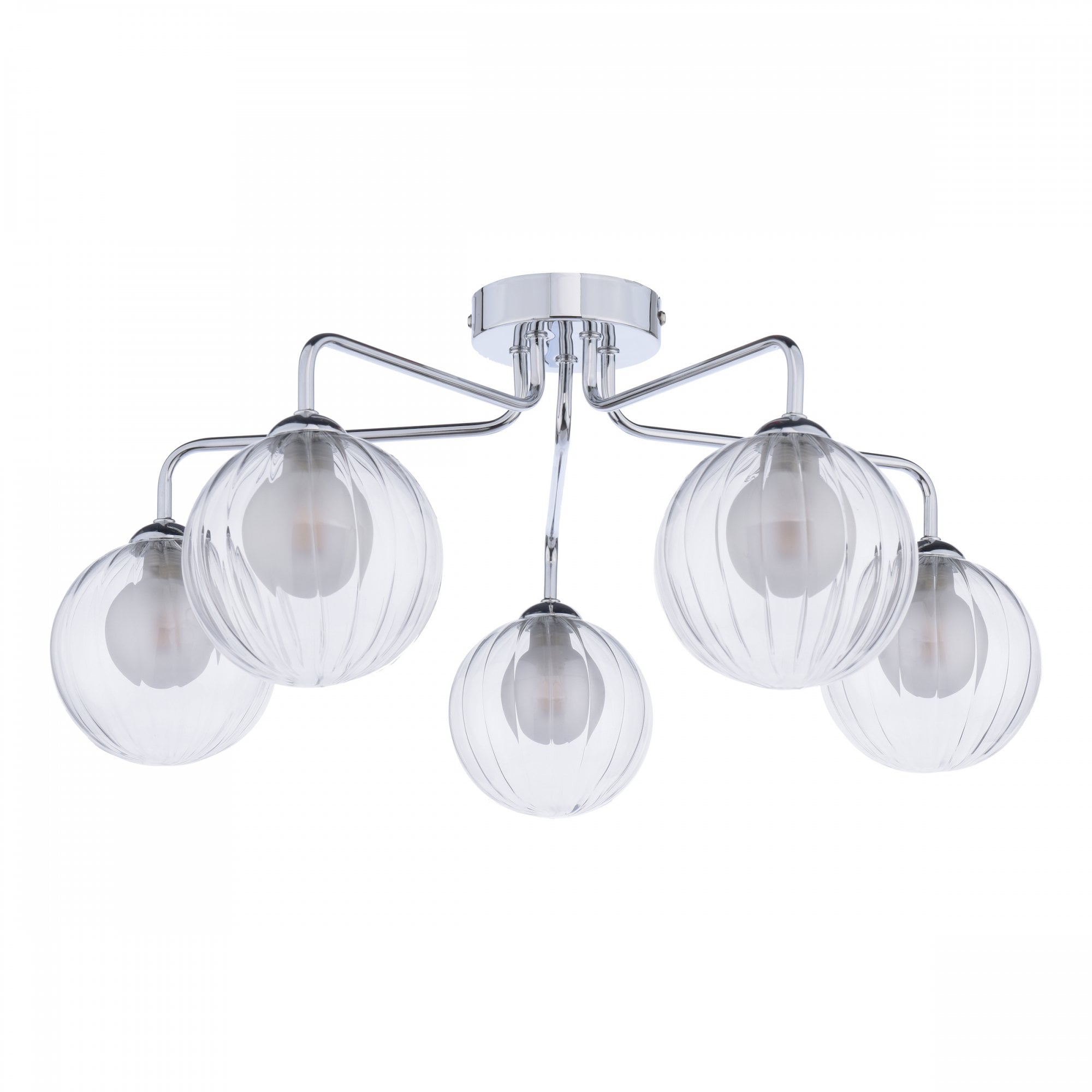 A chrome ceiling light with five clear, ribbed glass globe shades for ambient lighting.