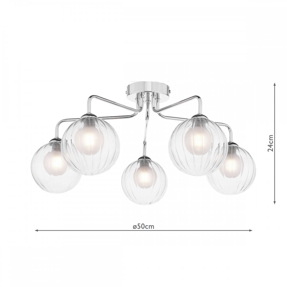 A chrome ceiling light with five clear, ribbed glass globes, showing dimensions.