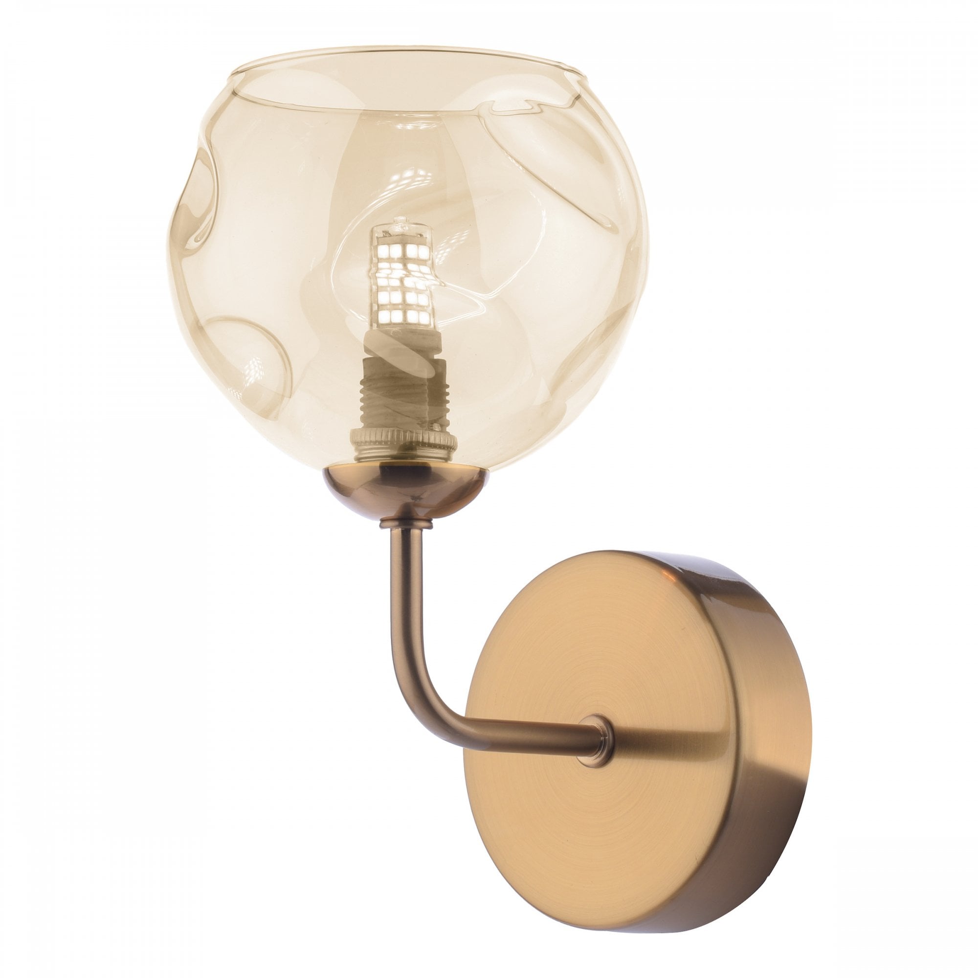 A close-up of a wall light, featuring a round, amber-tinted glass shade with a textured surface.