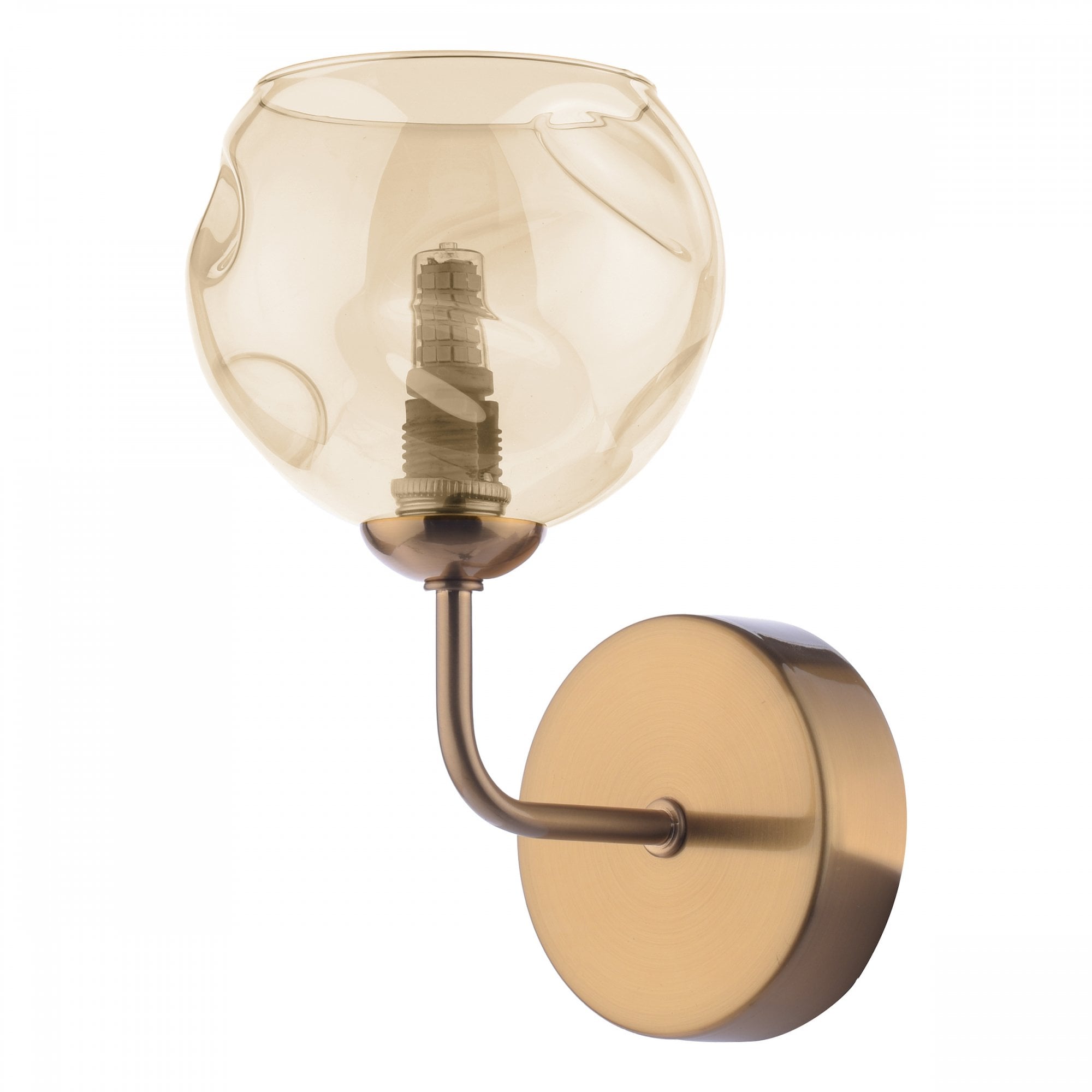 A close-up of a wall light, featuring a round, amber-tinted glass shade with a textured surface.