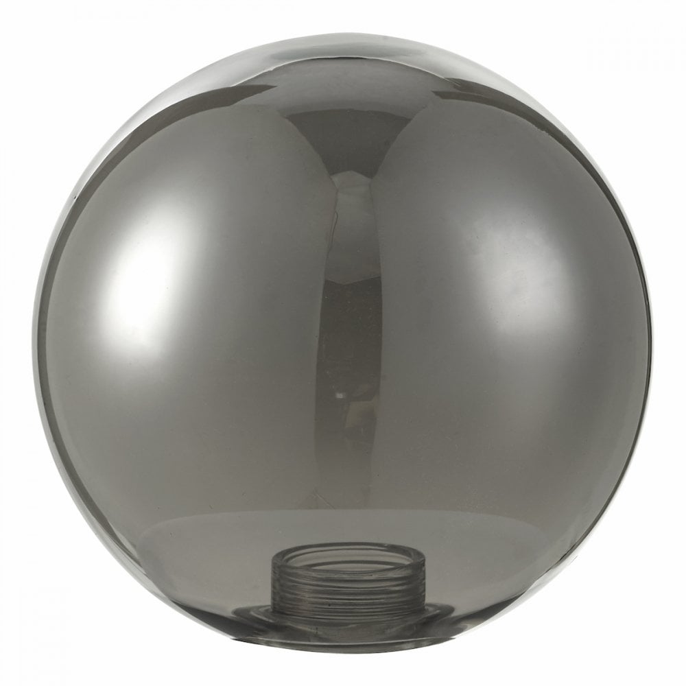 A round, smoke-colored glass shade with a threaded opening at the bottom for a light fixture.