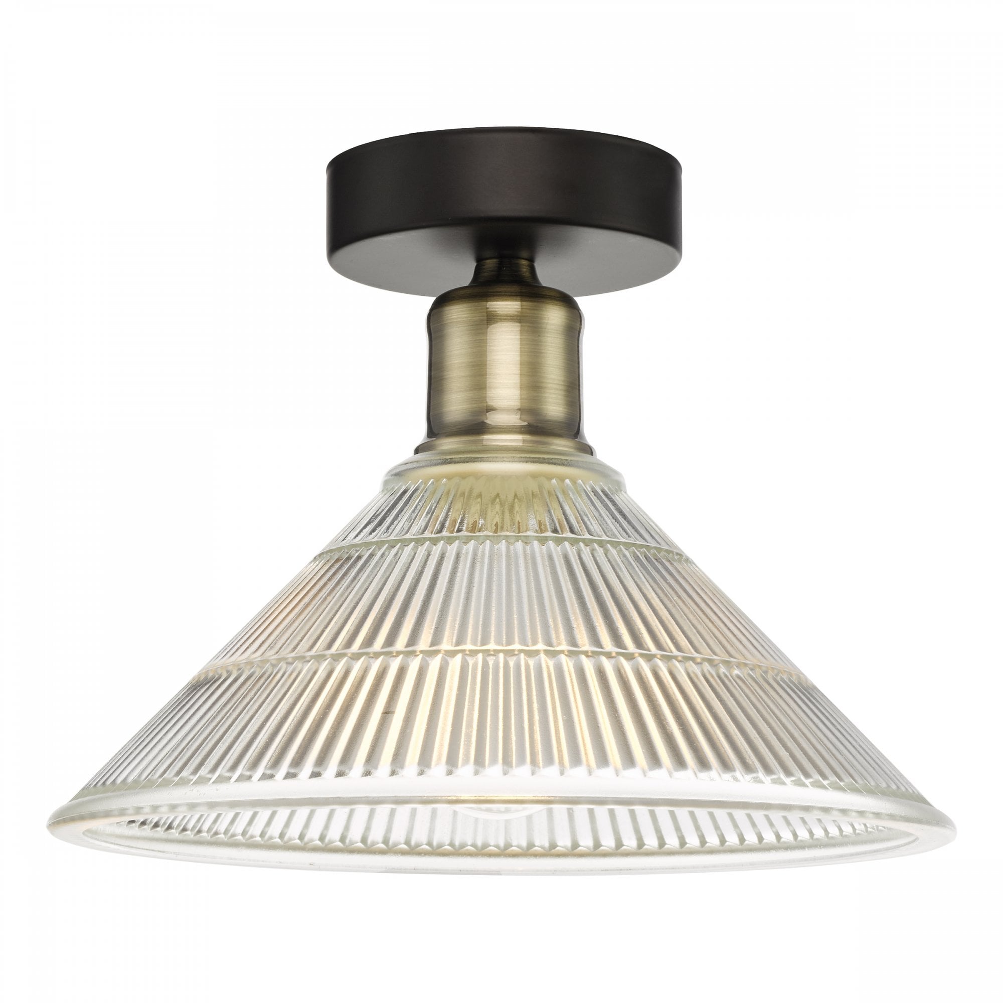 A close-up of a fluted glass and antique brass semi-flush ceiling light.