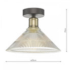 A fluted glass and antique brass semi-flush light with dimensions of 25cm width, 19cm height.