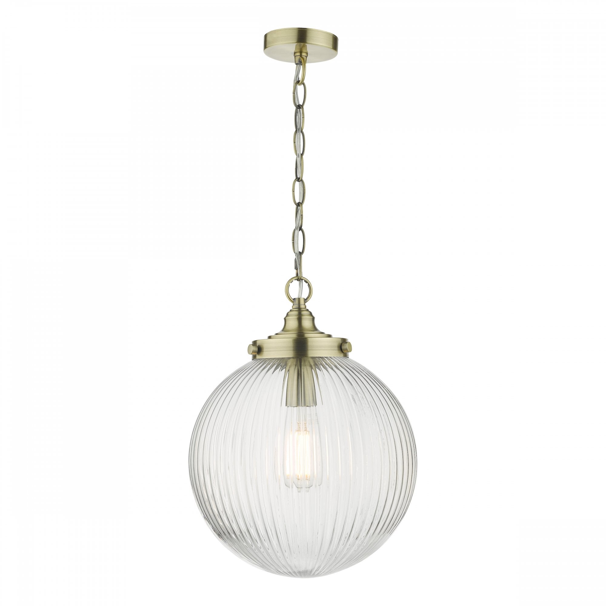 A clear, ribbed glass globe pendant light with brass accents and chain, hanging on a white background.