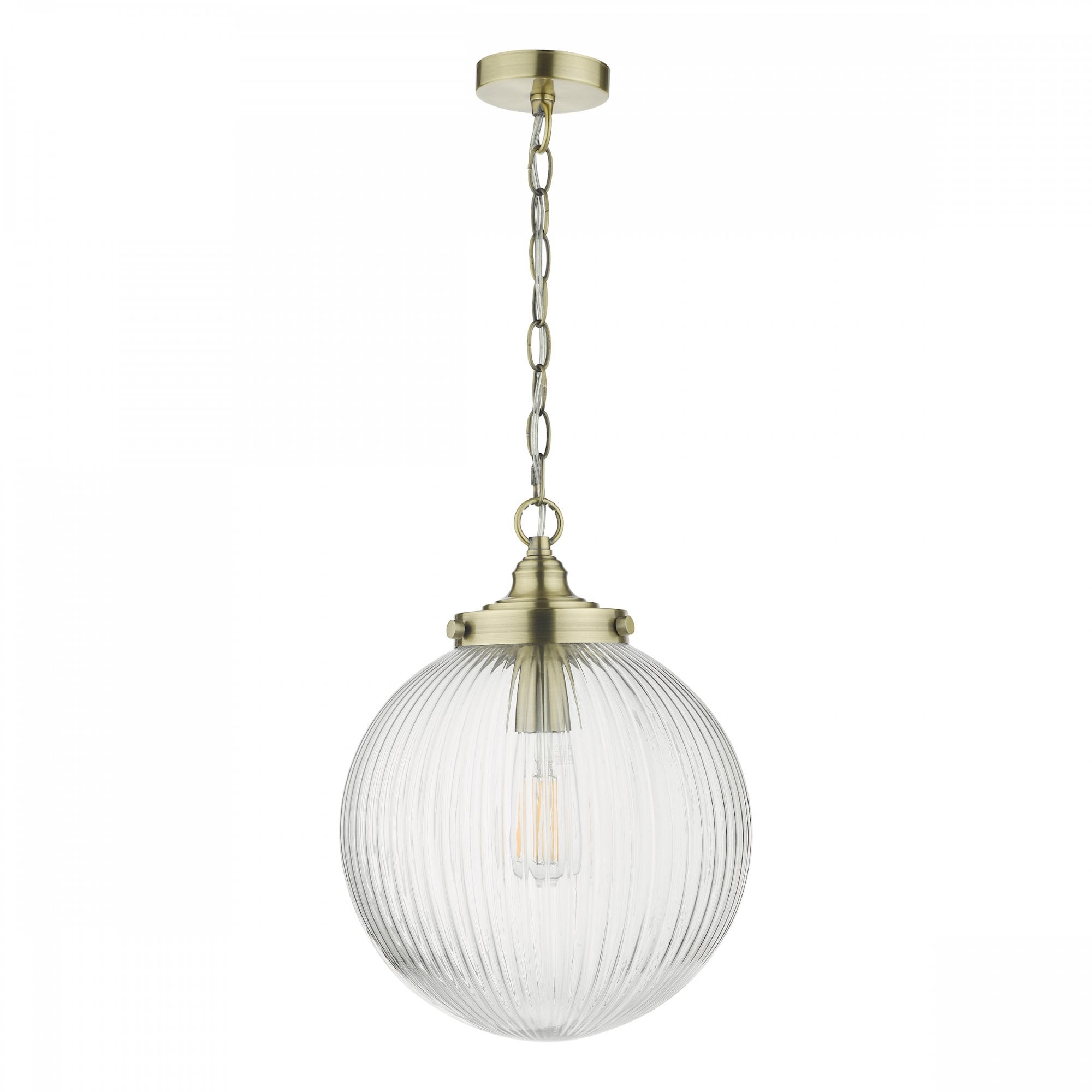 A clear, ribbed glass globe pendant light with brass accents and chain, hanging on a white background.