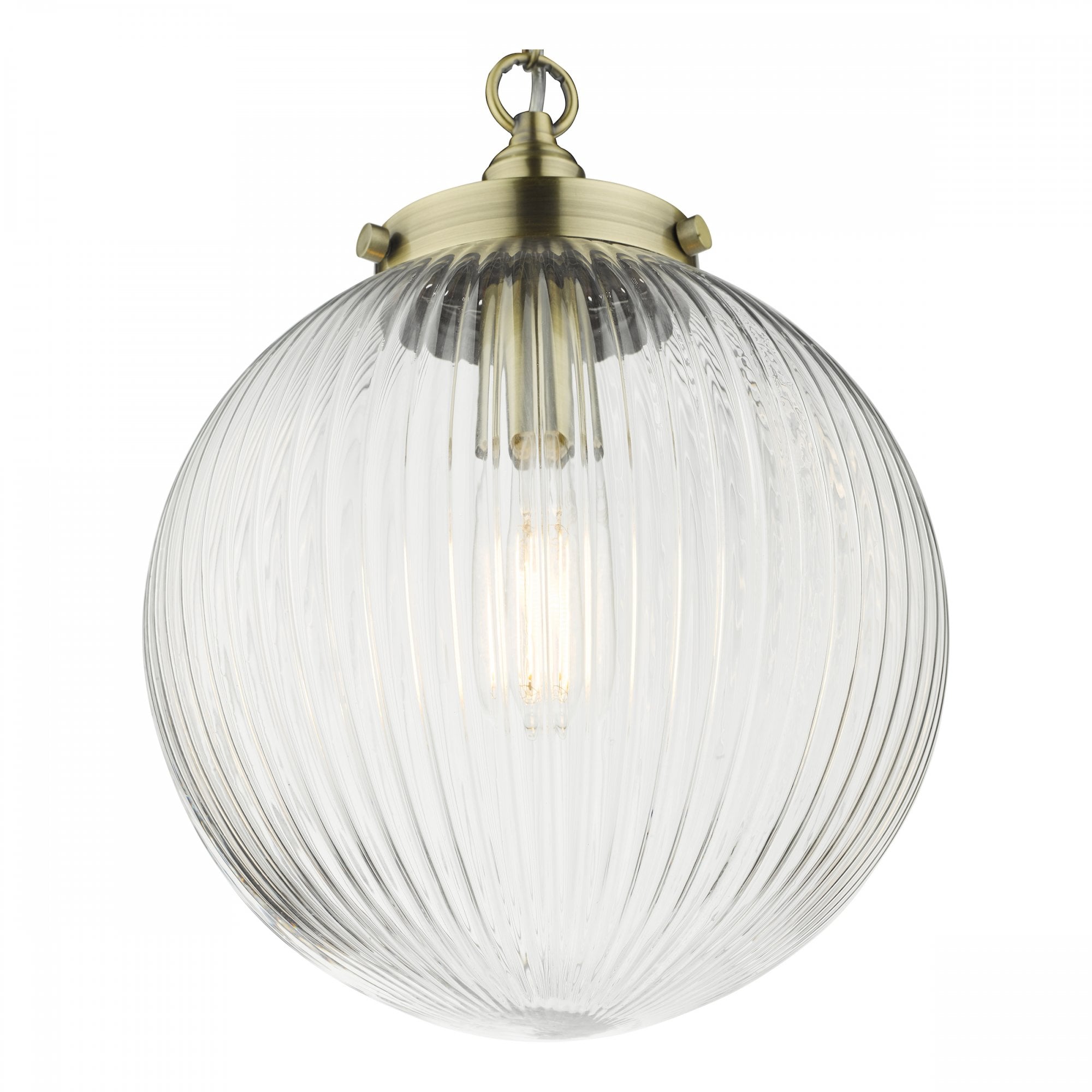 A clear, ribbed glass globe pendant light with brass top, featuring a visible bulb inside.