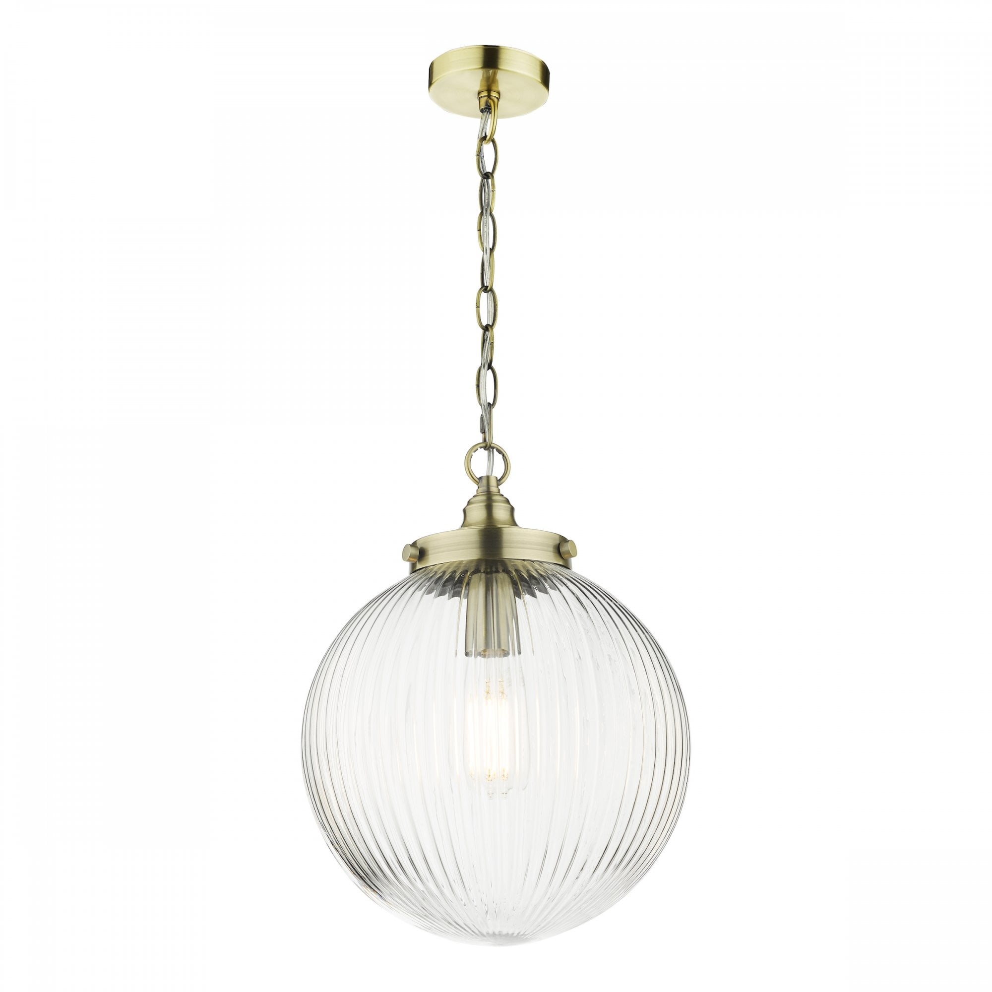 A clear, ribbed glass globe pendant light with brass accents and chain, hanging on a white background.