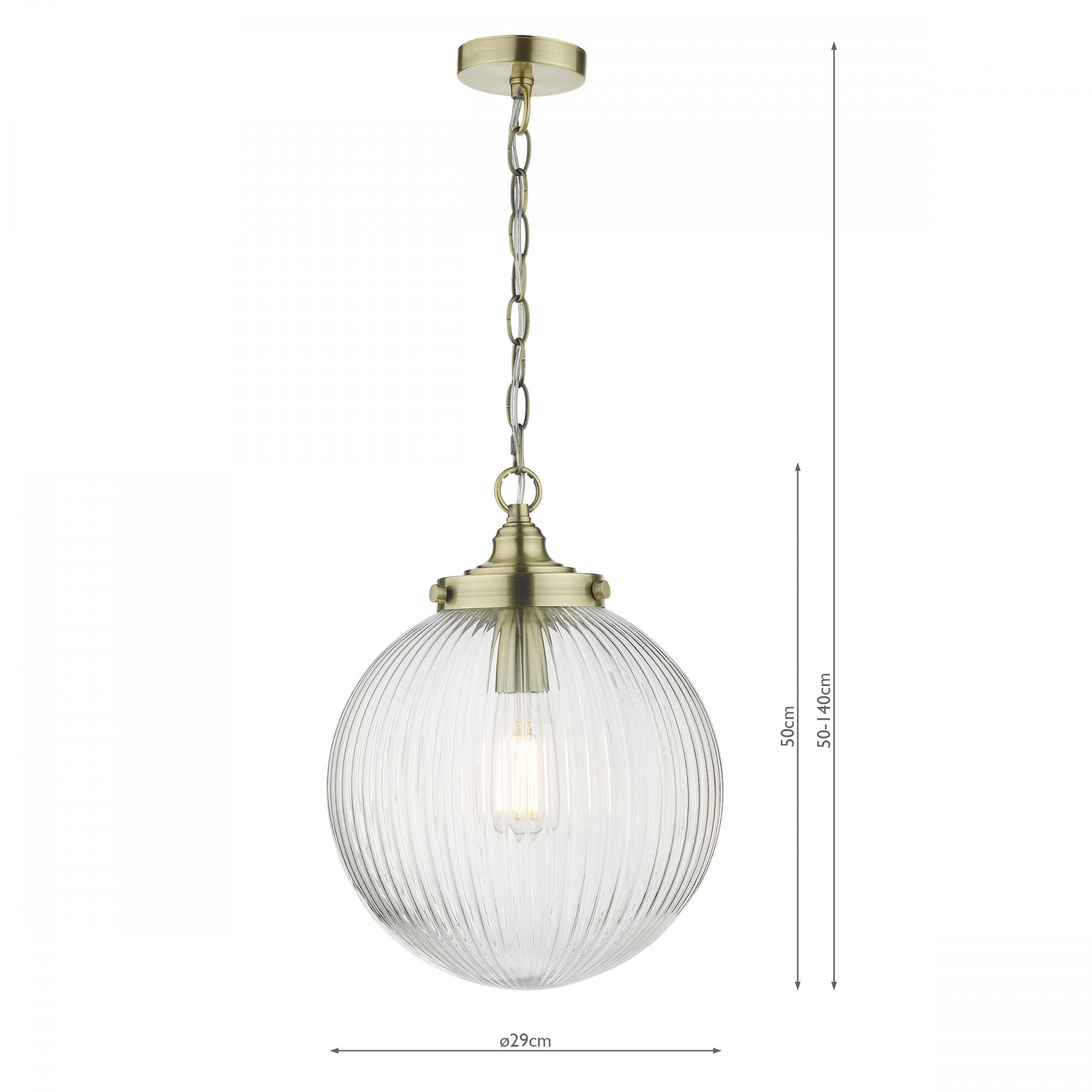 A ribbed glass globe pendant light with brass accents and chain, shown with dimensional measurements.