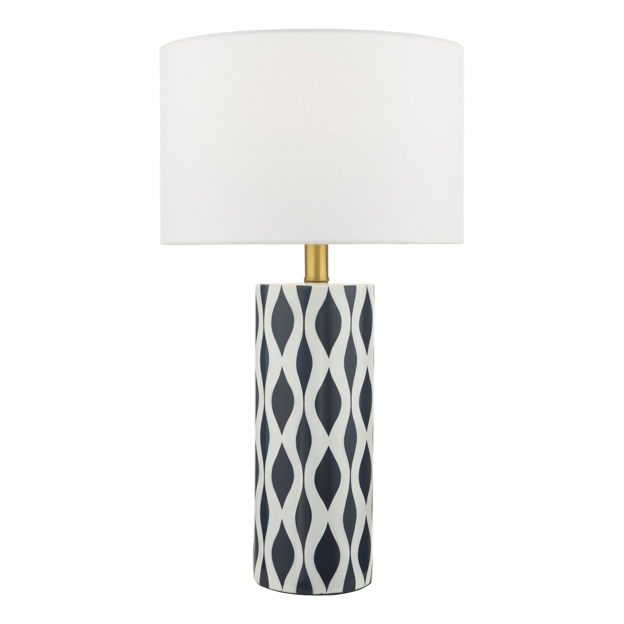 A white table lamp with a dark blue and white patterned base.