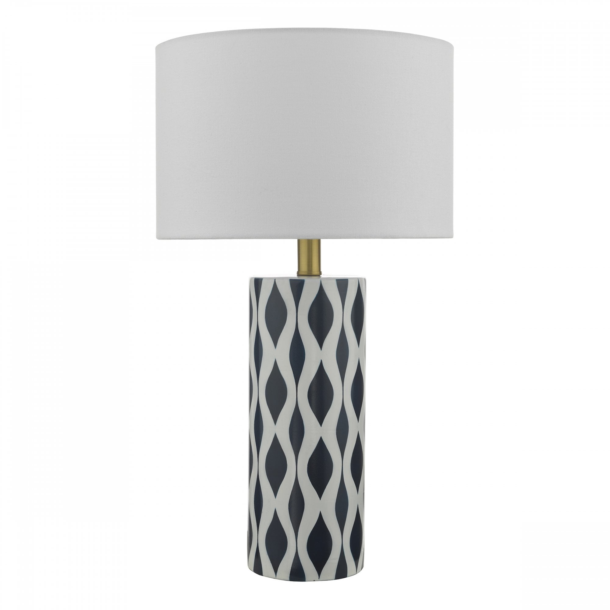A white table lamp with a dark blue and white patterned base.