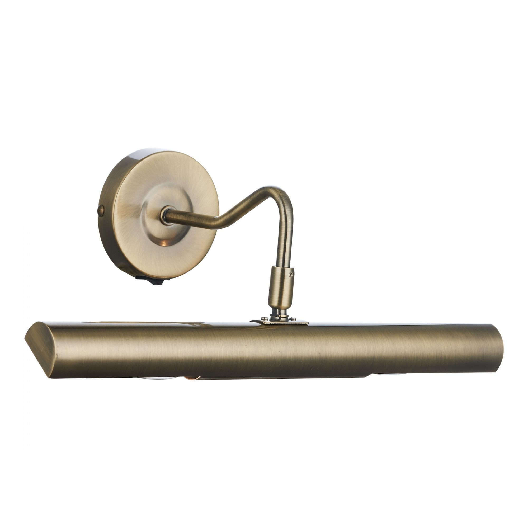 A brass wall-mounted picture light with an adjustable arm and a linear shade.