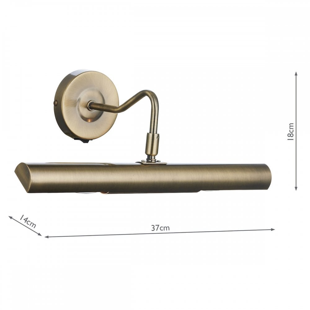 A brass wall-mounted picture light with dimensions of 18cm height and 37cm width.