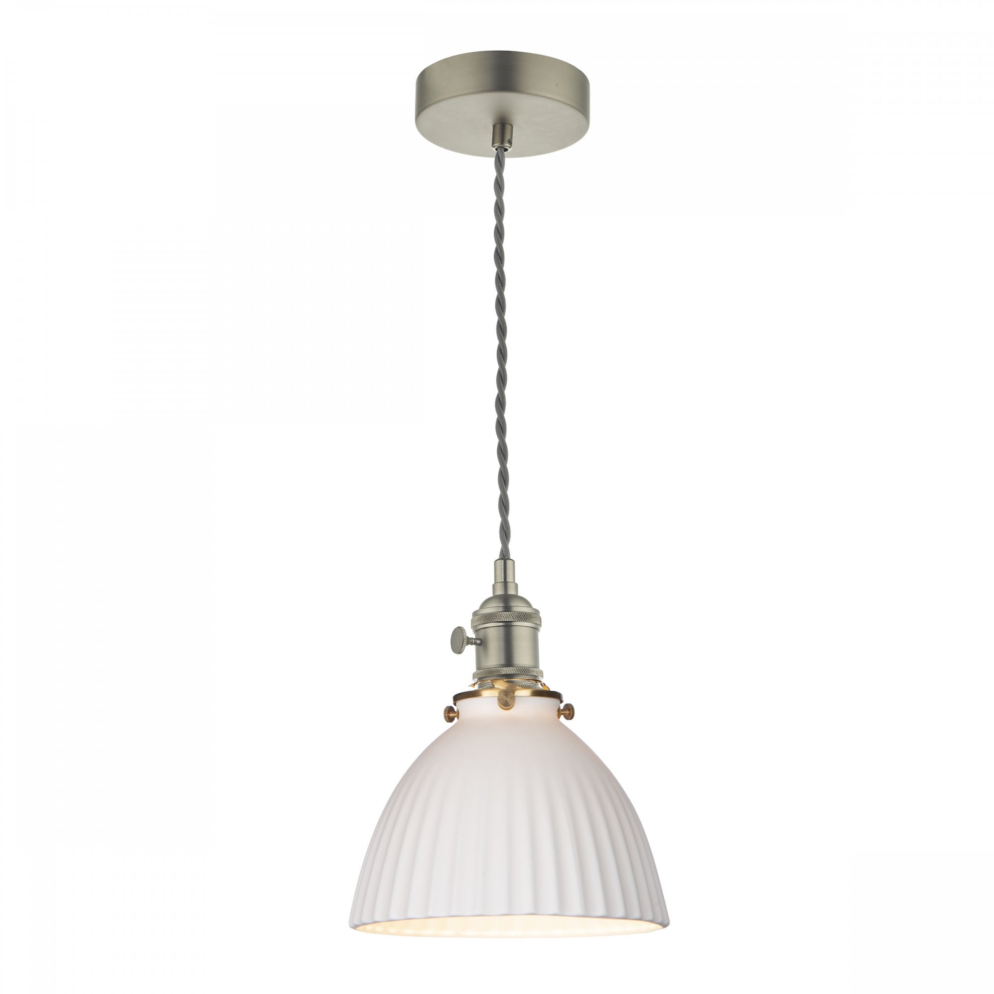 A modern pendant light with a white ribbed dome shade and a braided cord.