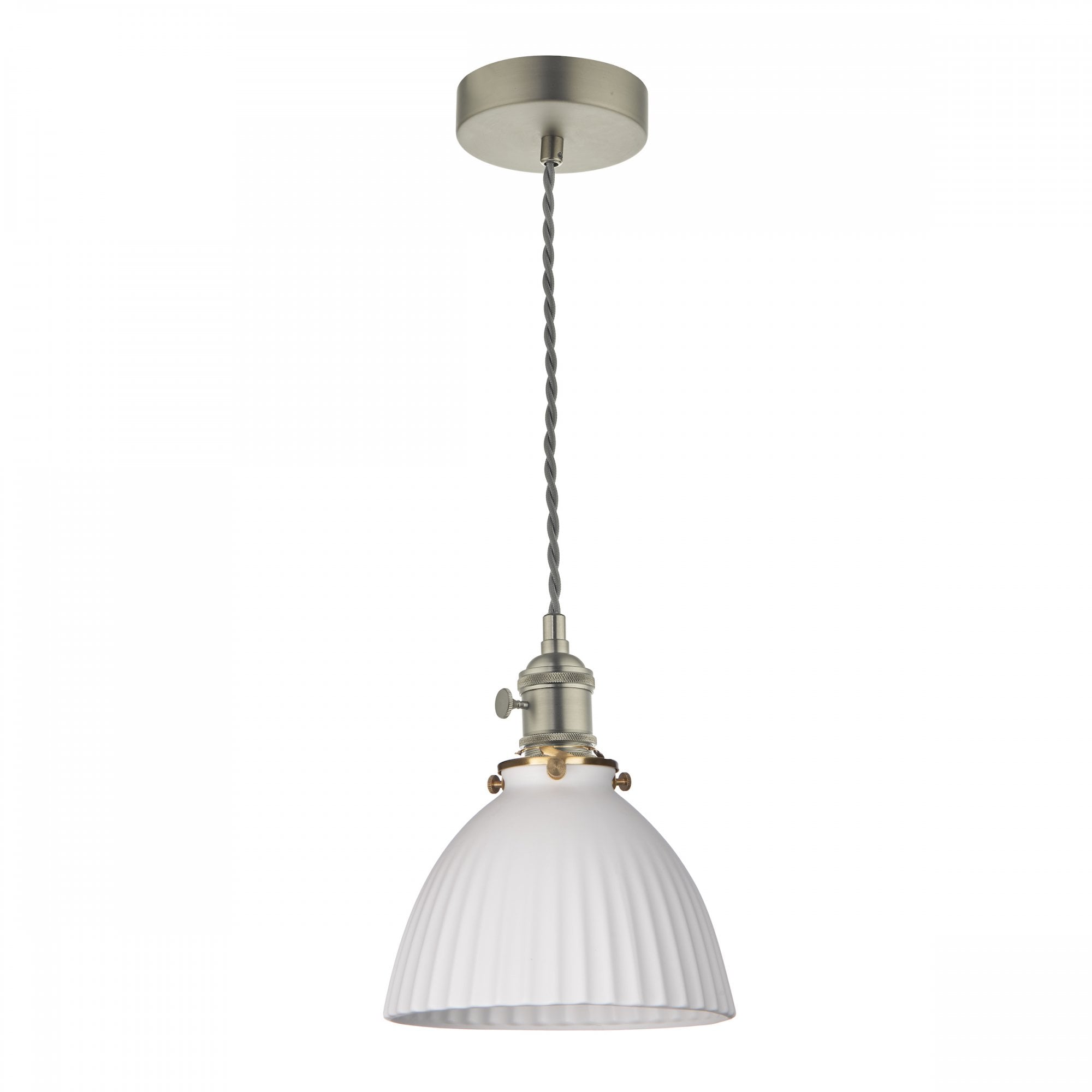 A single pendant light with a white, ribbed, bell-shaped shade and a metal fixture.