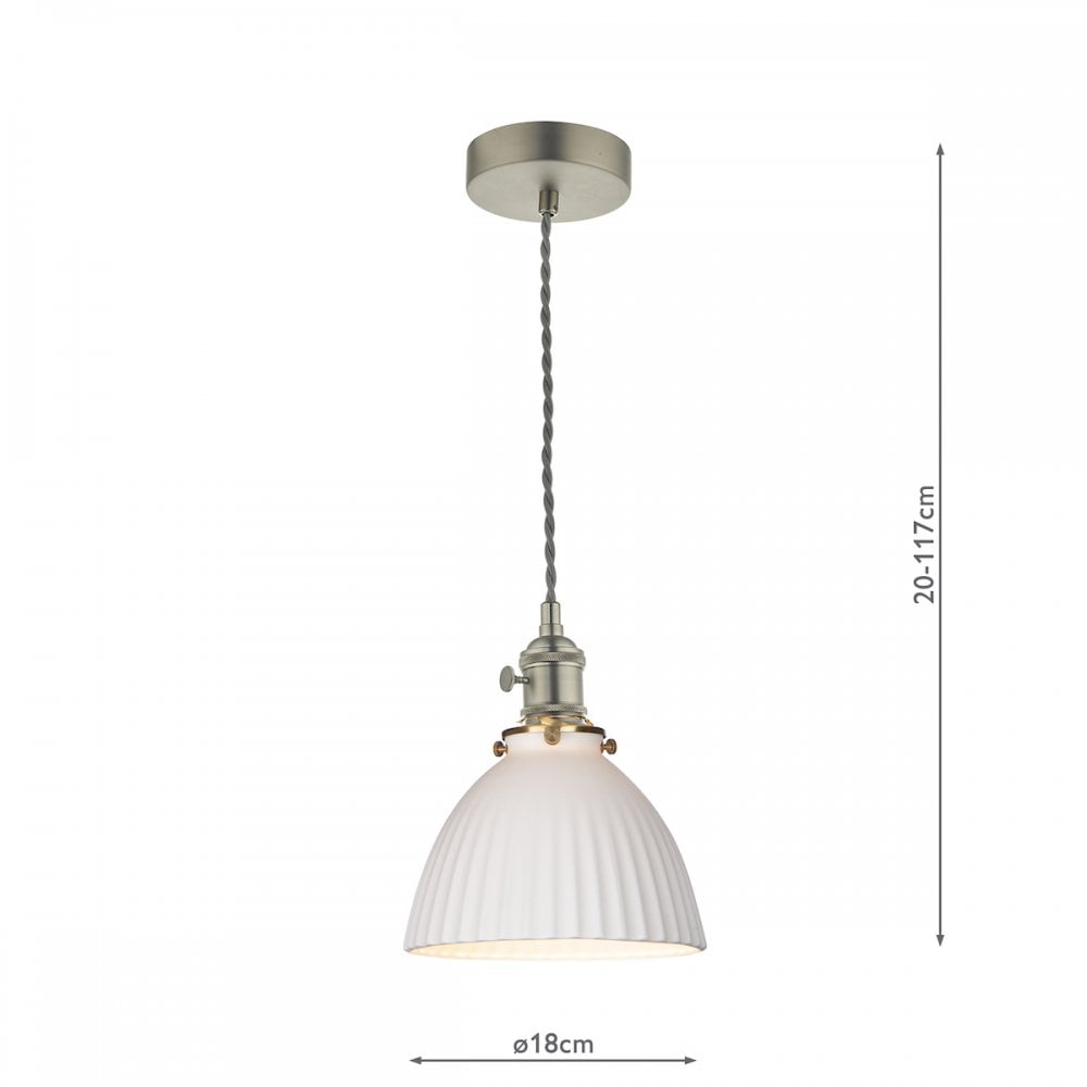 A white ribbed pendant light with its dimensions, 20-117cm height and 18cm width.