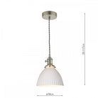 A white ribbed pendant light with its dimensions, 20-117cm height and 18cm width.