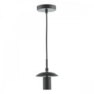 A black ceiling pendant fitting with a flat disc shade holder.