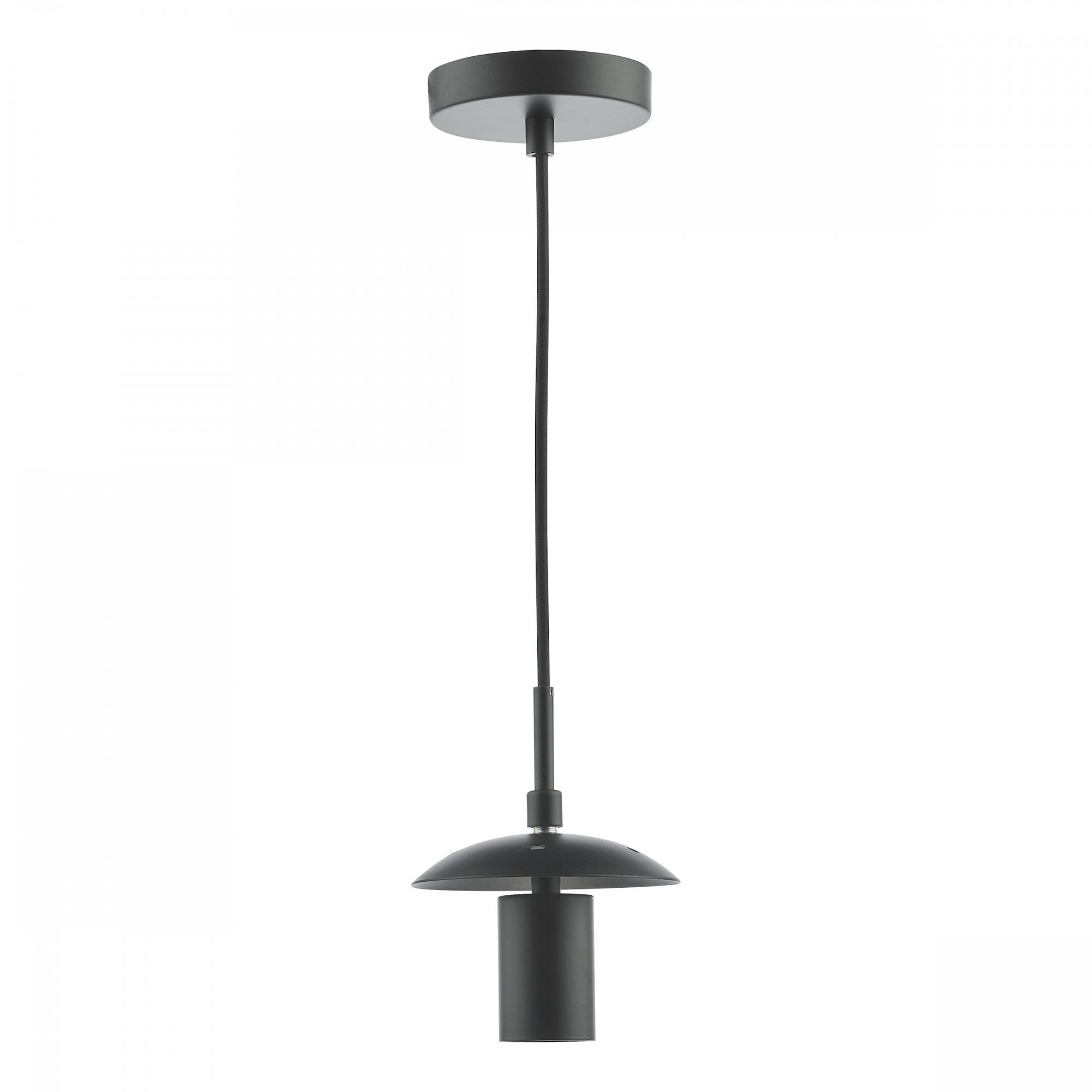 A black ceiling pendant fitting with a flat disc shade holder.