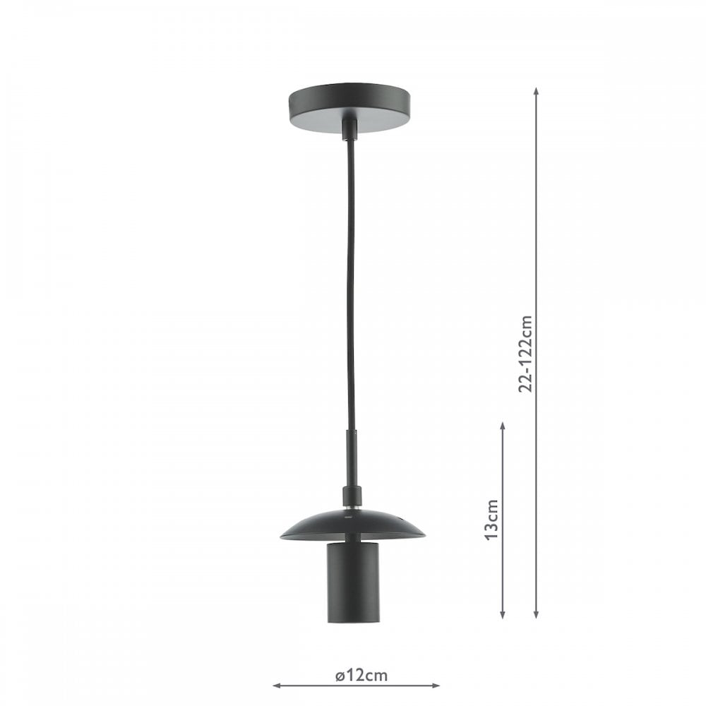 A black ceiling pendant fitting with a flat disc shade holder, with dimensions shown.