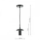 A black ceiling pendant fitting with a flat disc shade holder, with dimensions shown.