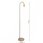 A golden floor lamp with a curved top, a circular base, and dimensions of 135cm height.