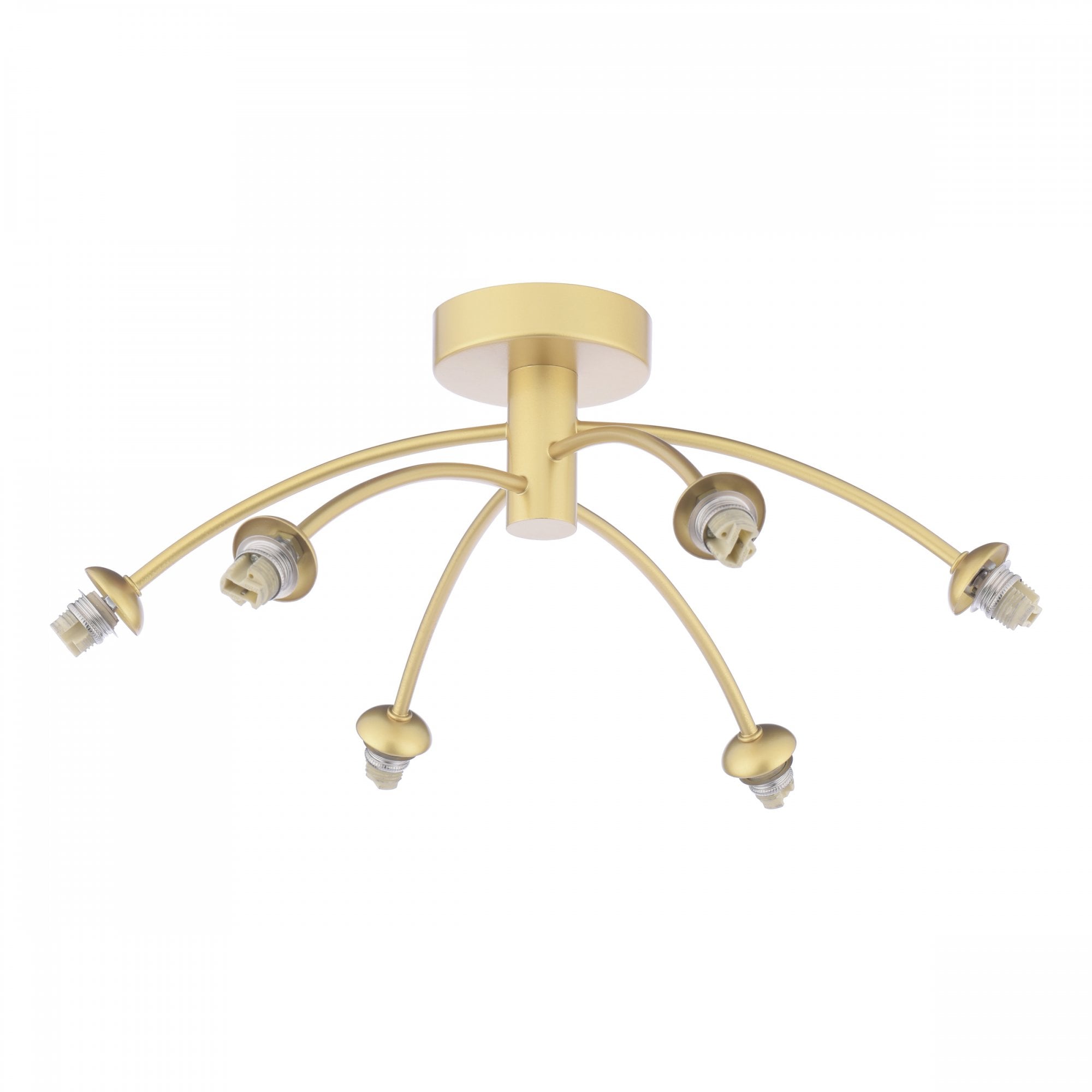A golden ceiling light fixture with six curved arms, each holding a small bulb socket.