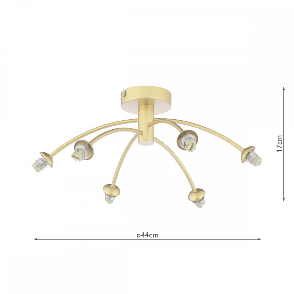 A golden ceiling light fixture with six curved arms and dimensions: 44cm diameter, 17cm height.
