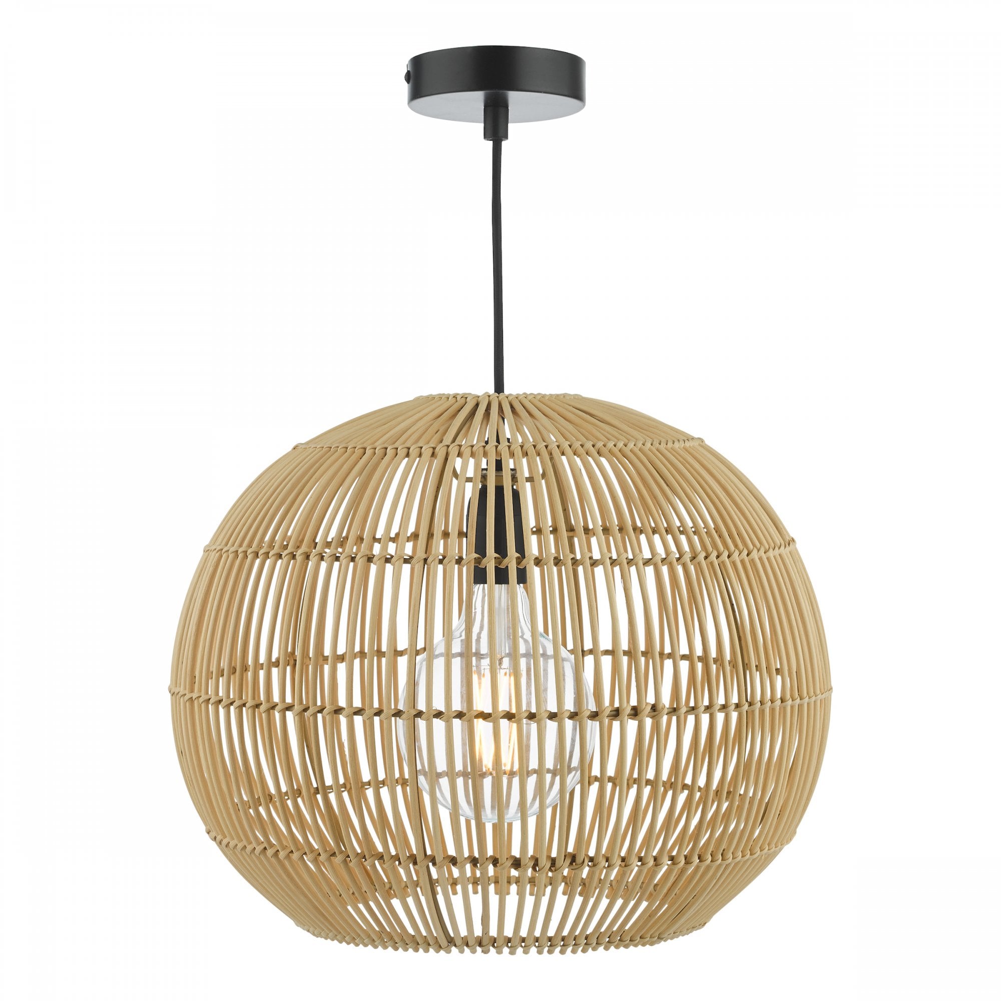 A round, light brown wicker pendant light hangs from a black cord and ceiling mount.