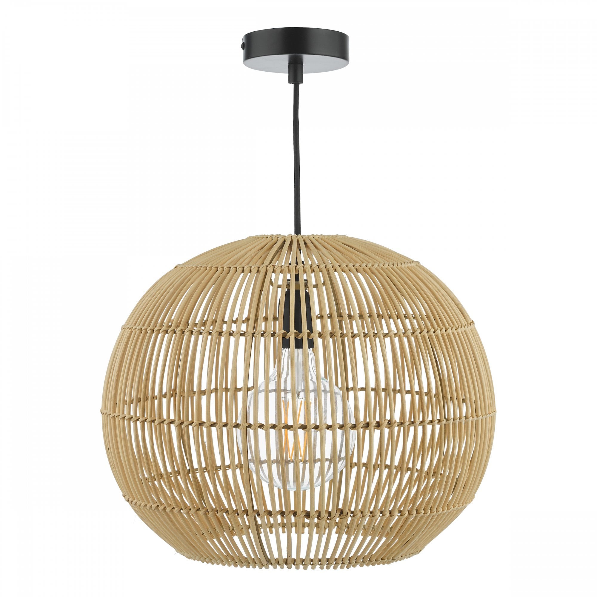 A round, light brown wicker pendant light hangs from a black cord and ceiling mount.