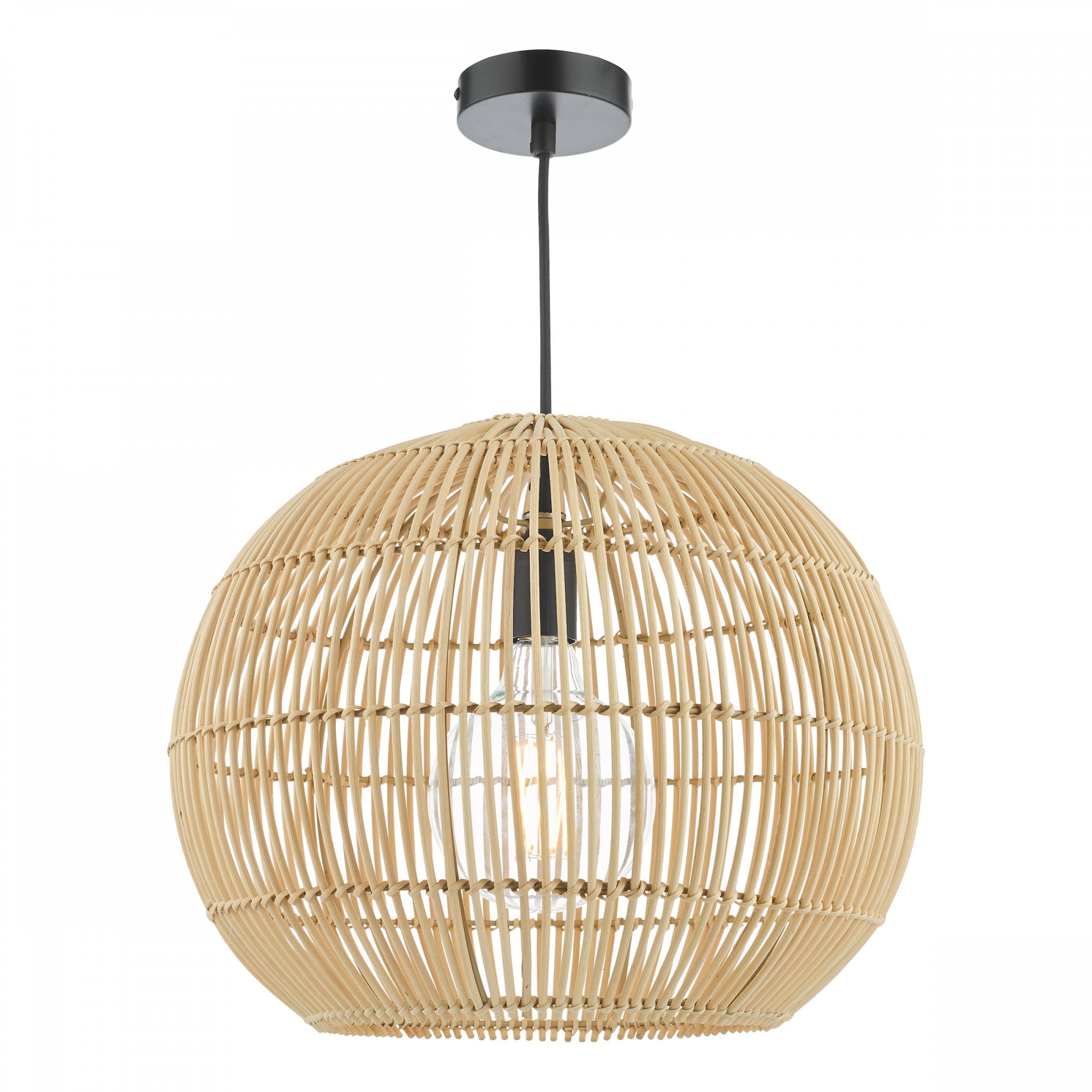 A round, light brown wicker pendant light hangs from a black cord and ceiling mount.