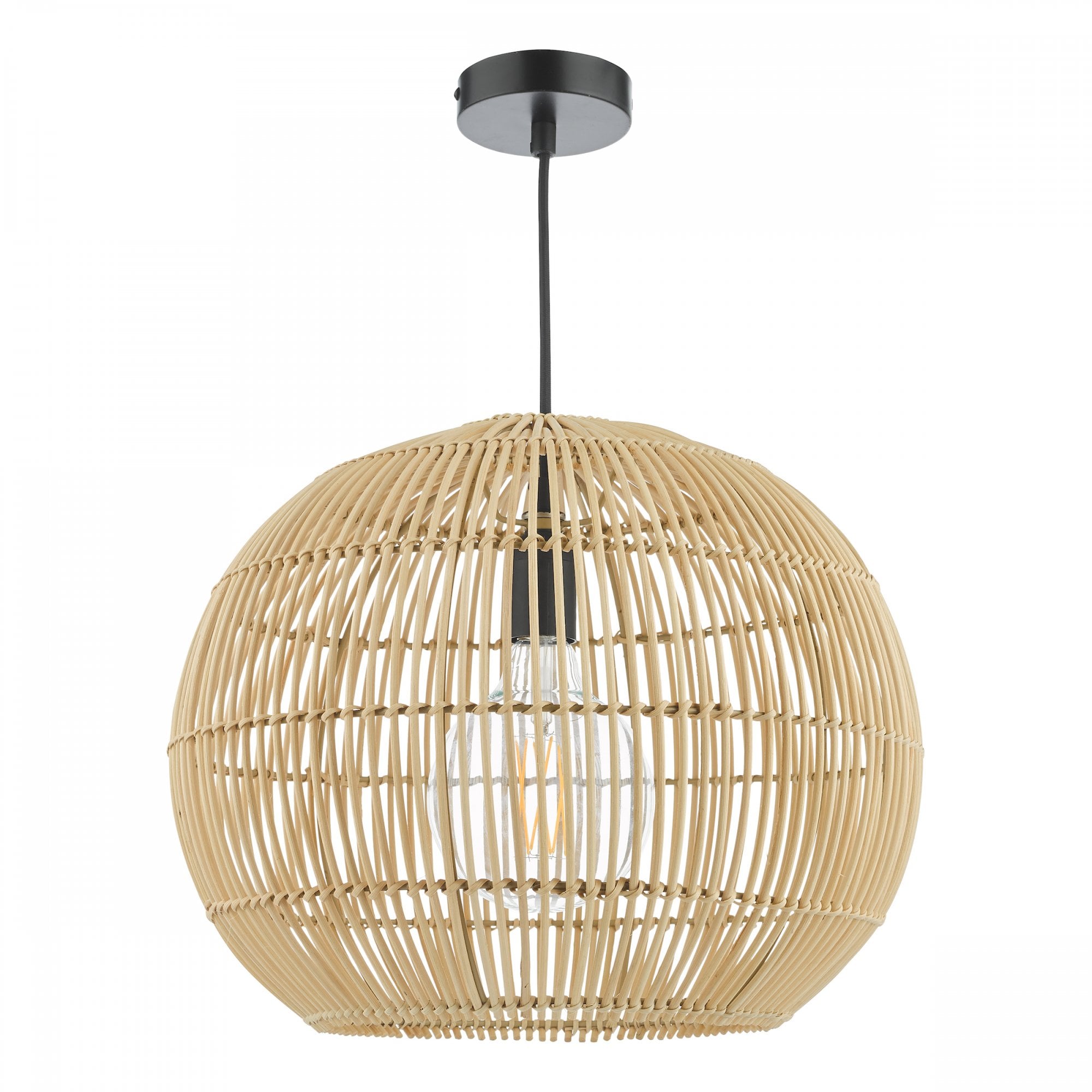 A round, light brown wicker pendant light hangs from a black cord and ceiling mount.