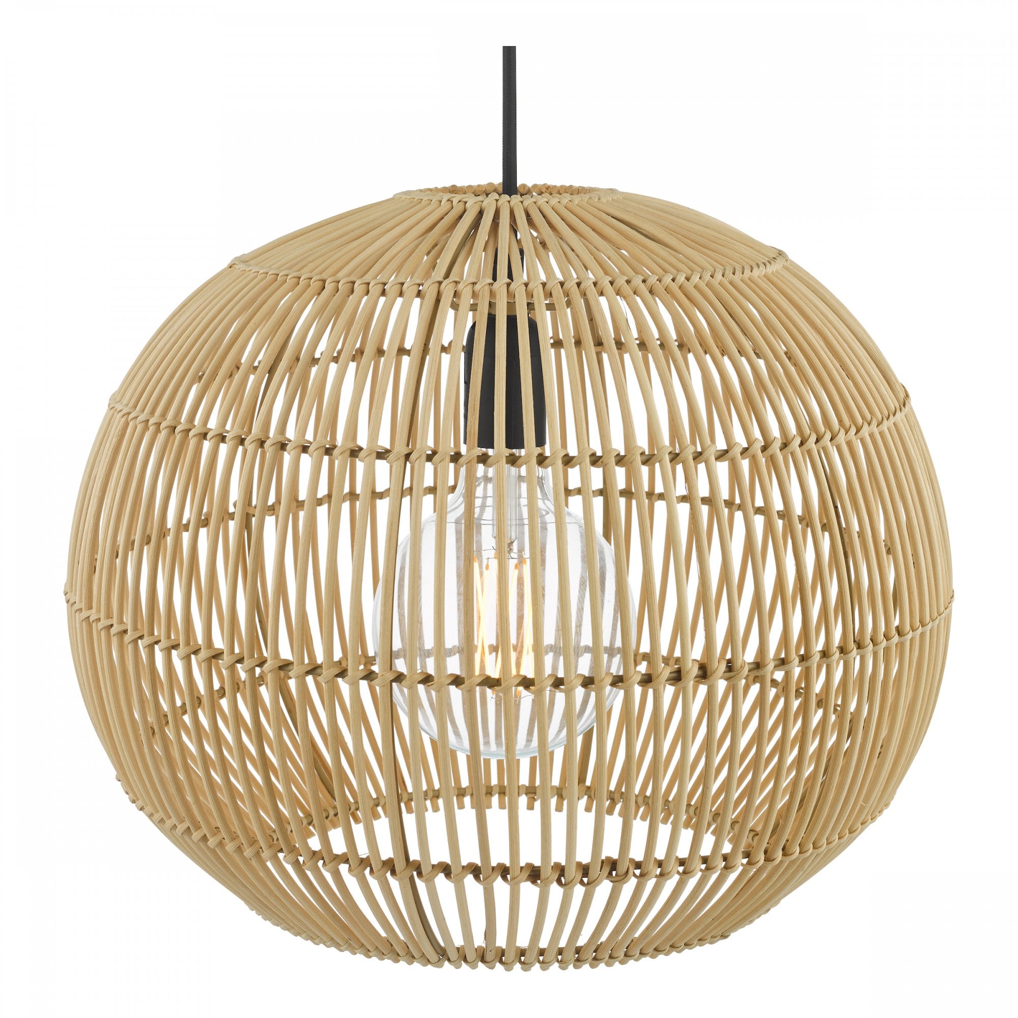 A close-up of a round, light brown wicker pendant light with a visible bulb inside.