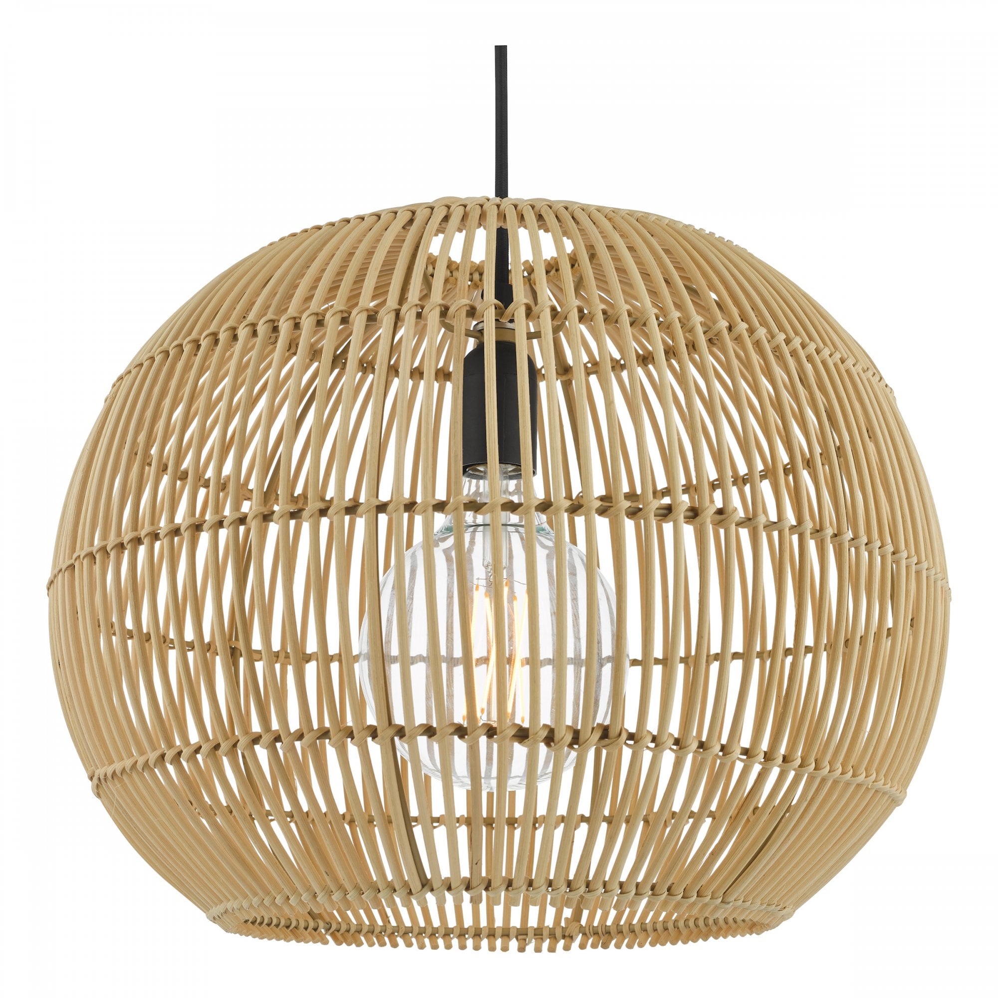 A close-up of a round, light brown wicker pendant light with a visible bulb inside.