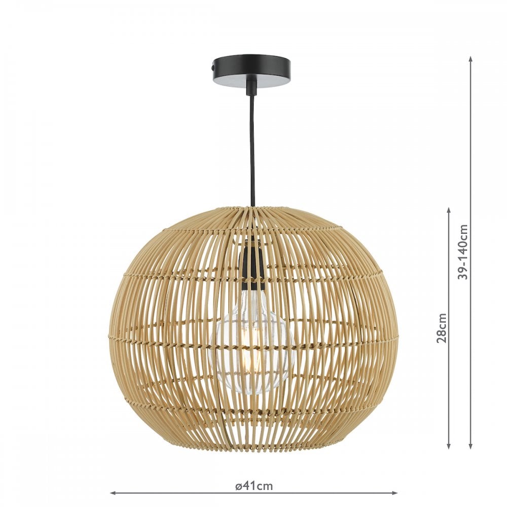 A round, light brown wicker pendant light with dimensions shown for its size.