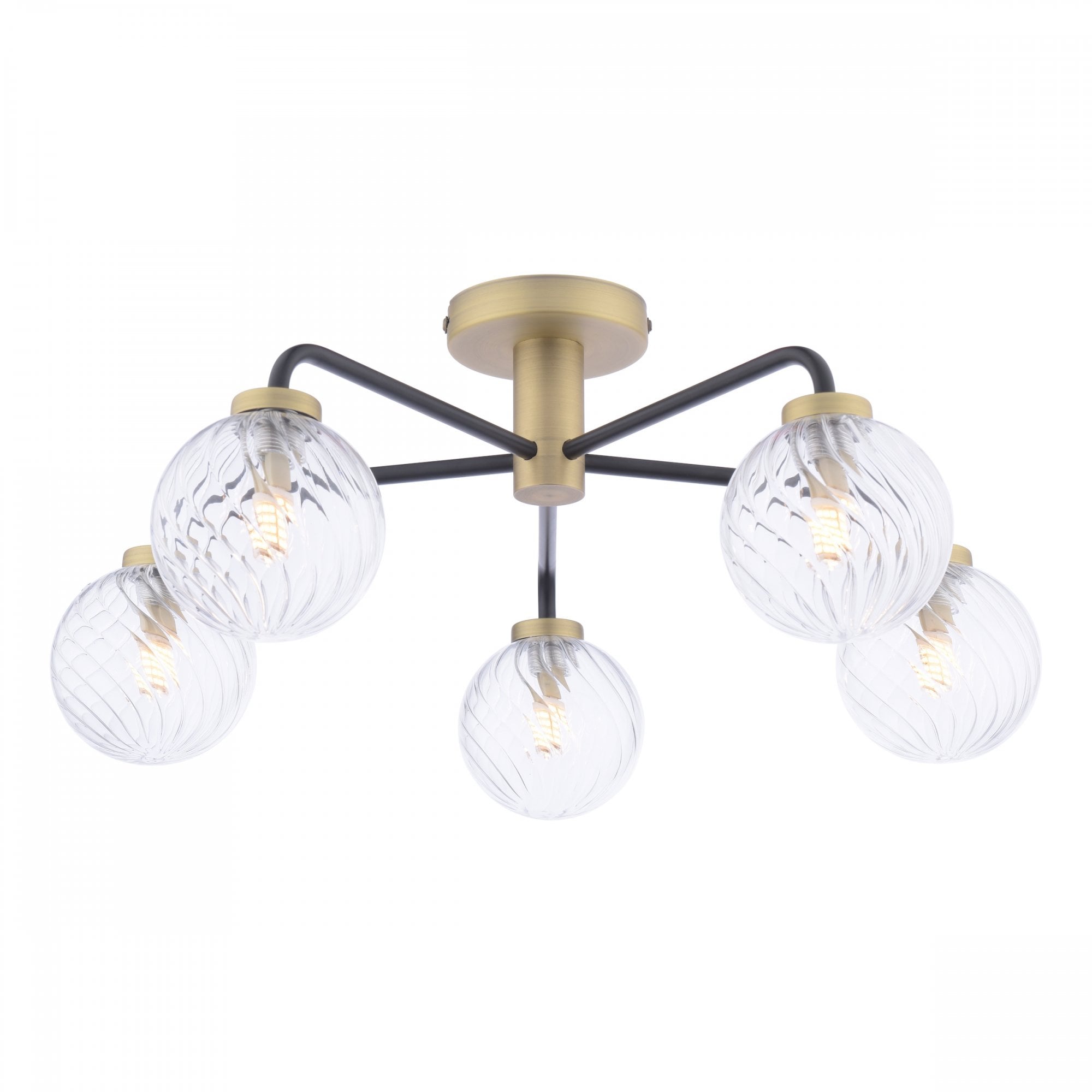 A modern gold and black ceiling light with five clear, textured glass globes.