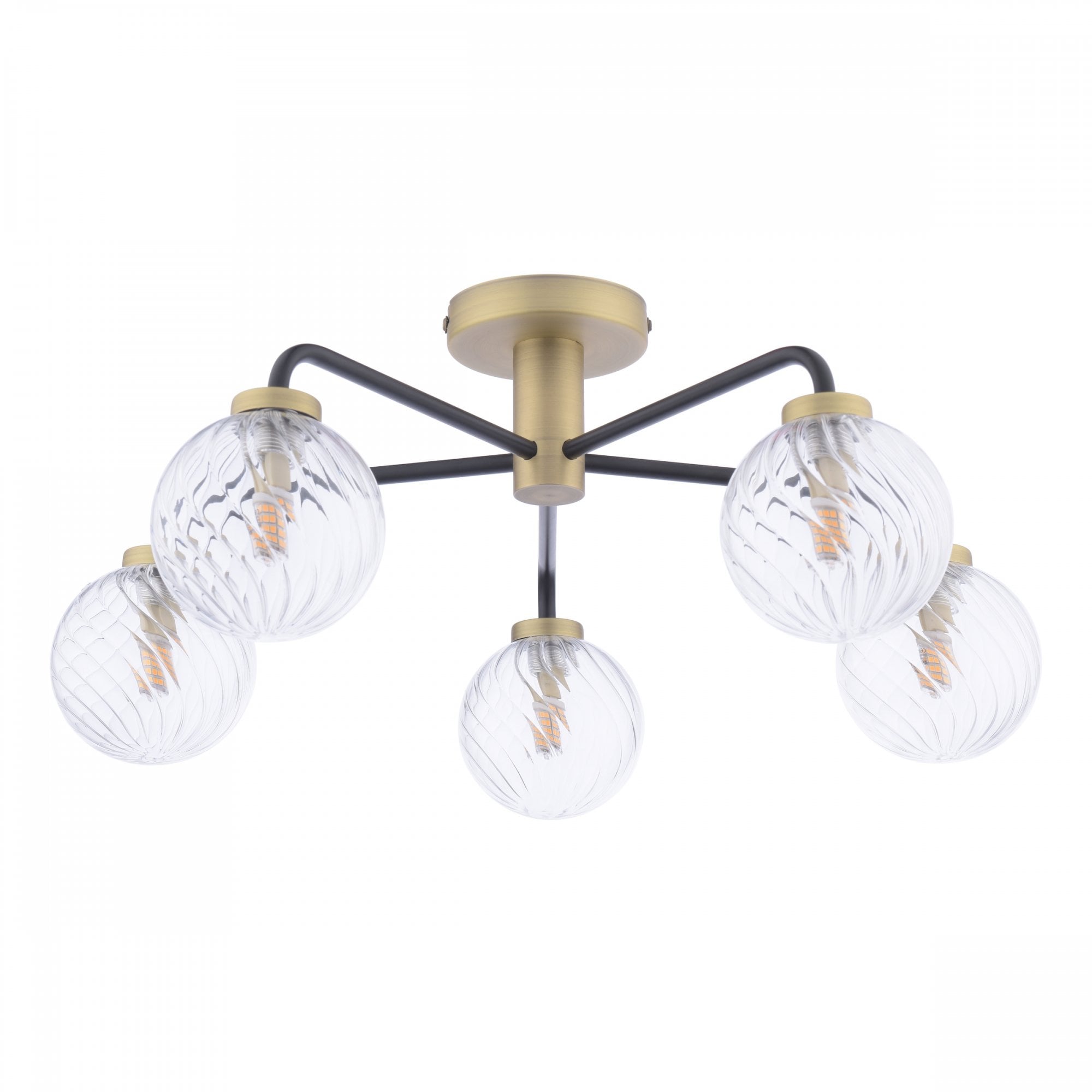 A modern gold and black ceiling light with five clear, textured glass globes.