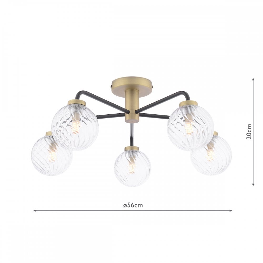 A modern gold and black ceiling light with five clear, textured glass globes and dimensions.