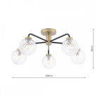 A modern gold and black ceiling light with five clear, textured glass globes and dimensions.