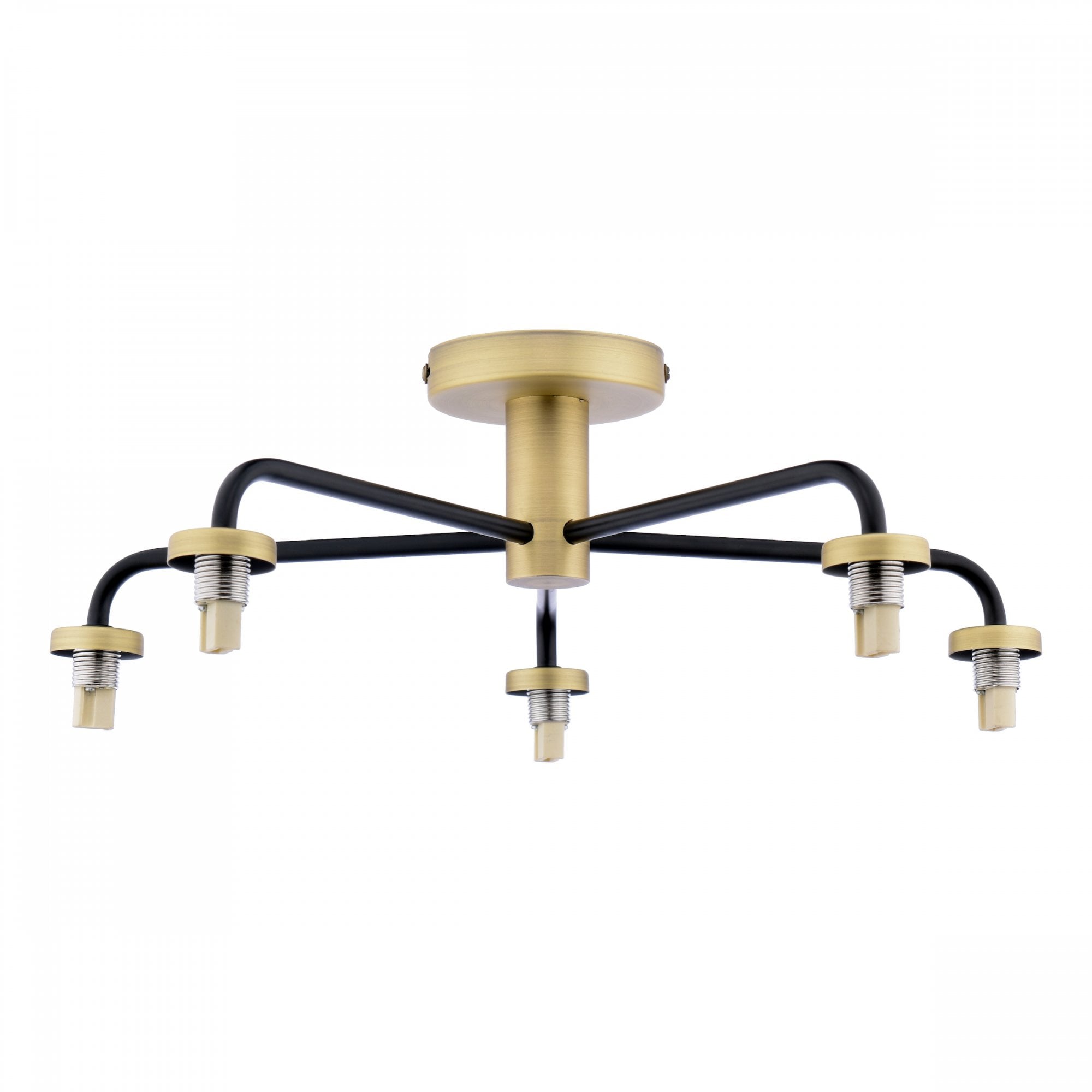 A modern semi-flush ceiling light with five black arms and brass accents.