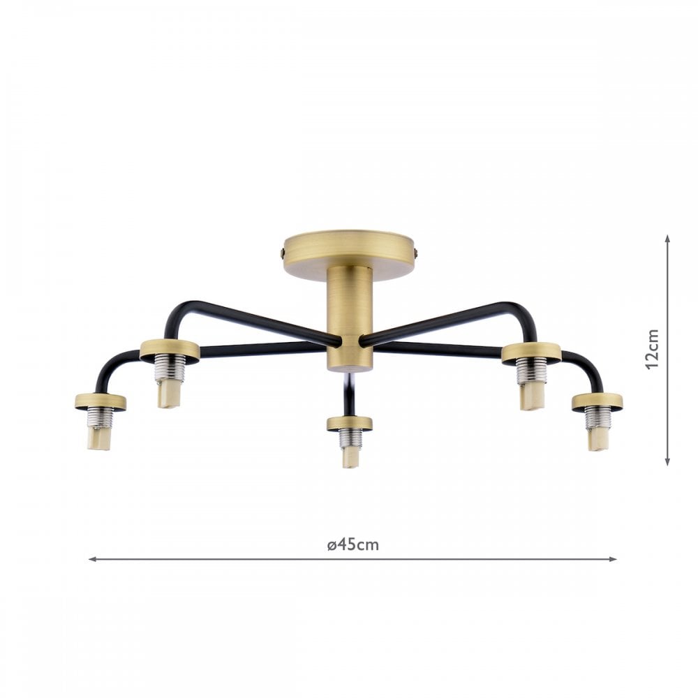 A modern semi-flush ceiling light with five black arms and brass accents, with dimensions.