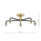 A modern semi-flush ceiling light with five black arms and brass accents, with dimensions.