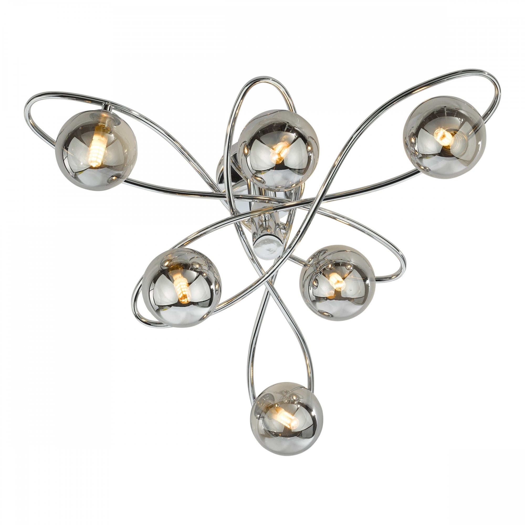 A close-up of a modern ceiling light with six smoked glass orbs on chrome swirls.