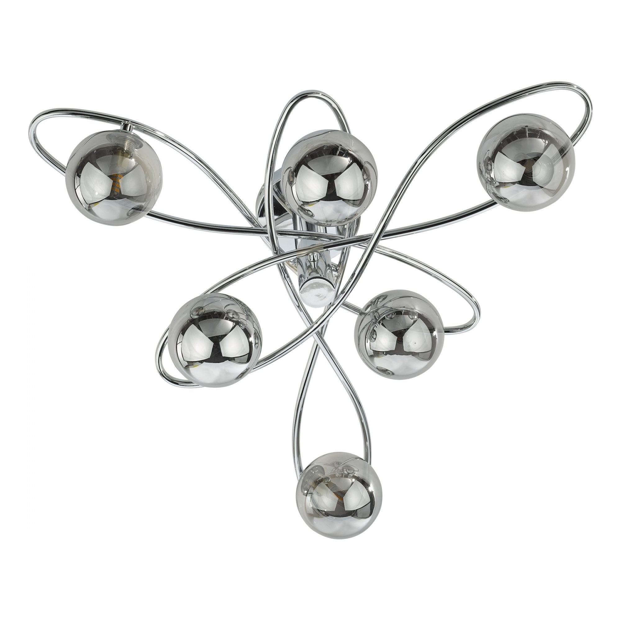 A modern ceiling light with six smoked glass orbs on chrome swirls on a white background.