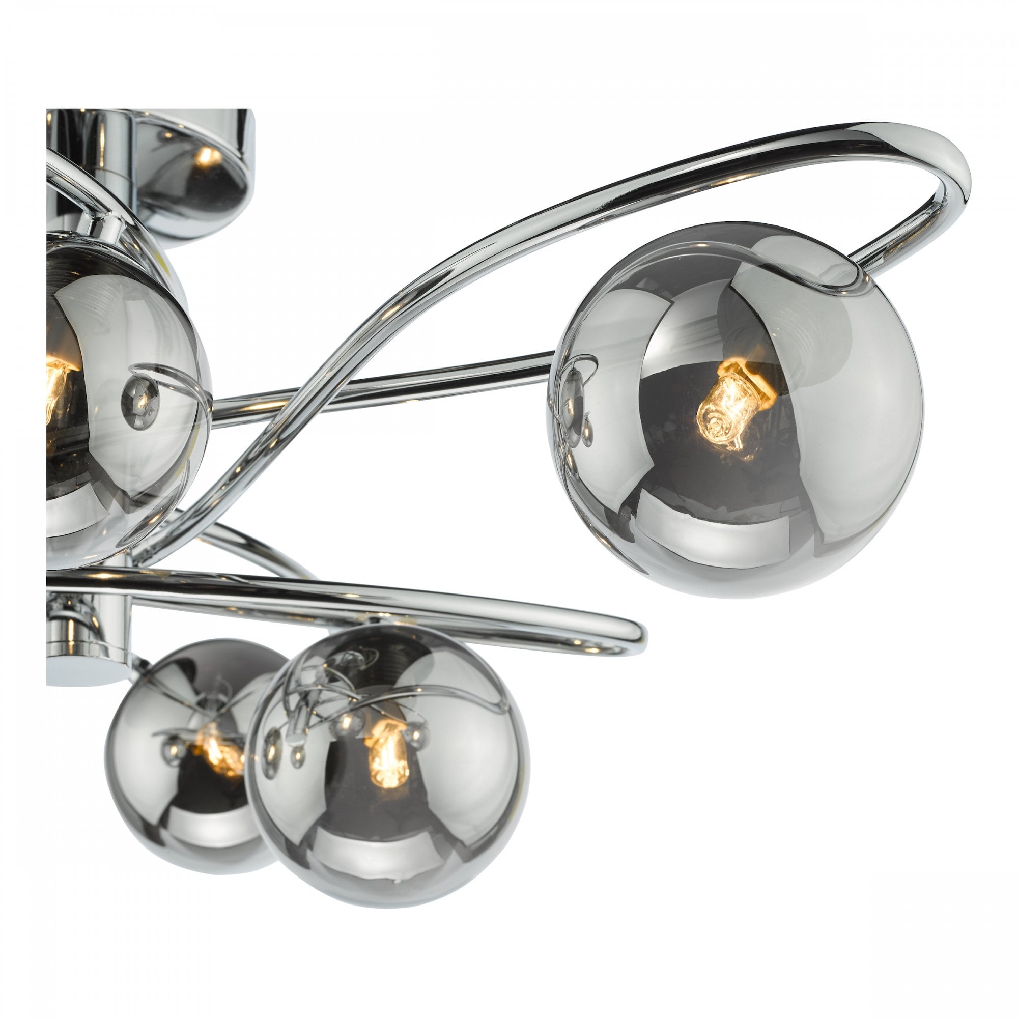 A close-up view of three smoked glass orbs with illuminated bulbs on a chrome light fixture.