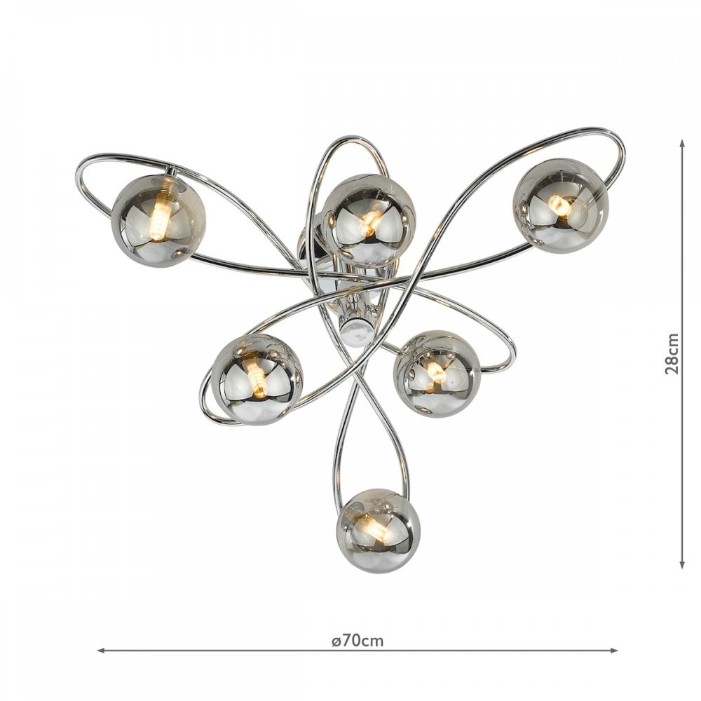 A modern ceiling light with six smoked glass orbs and dimensions of 70cm width, 28cm height.