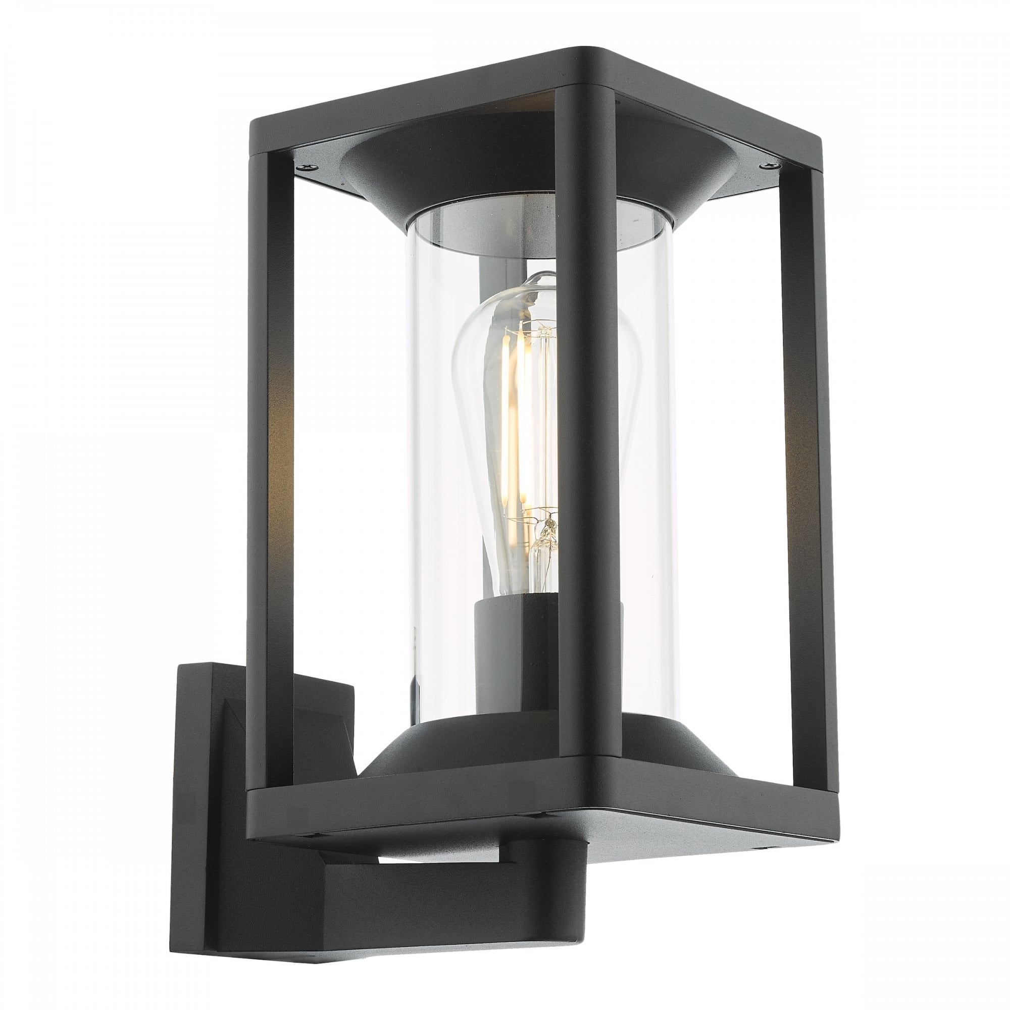A black outdoor wall light with a clear cylindrical glass diffuser and an exposed bulb.