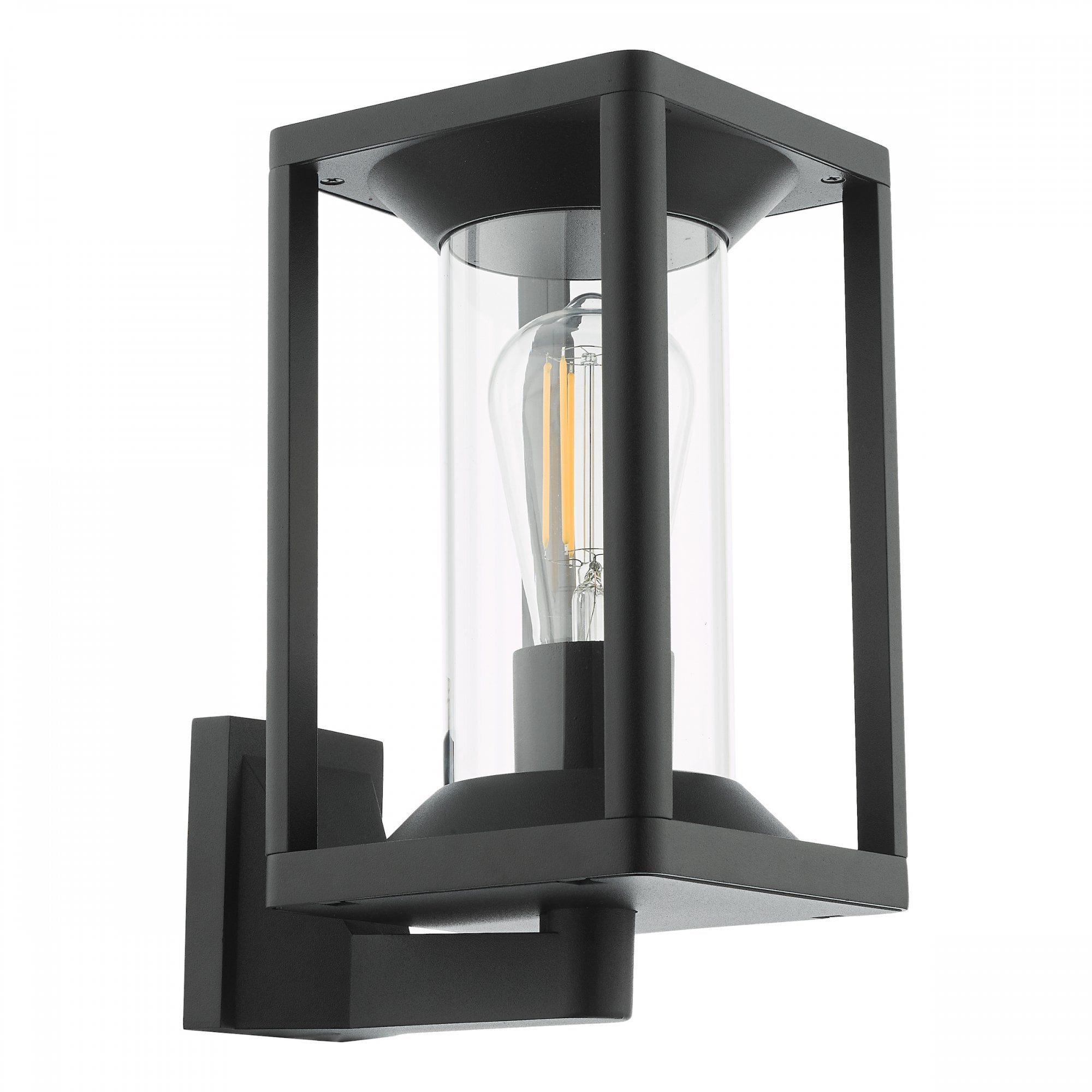A black outdoor wall light with an exposed LED filament bulb inside a clear glass cylinder.